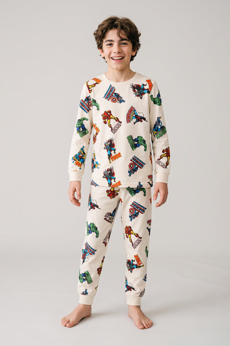 Süper Kahramanlar Desenli %100 Pamuk Beyaz Erkek Çocuk Pijama Takımı