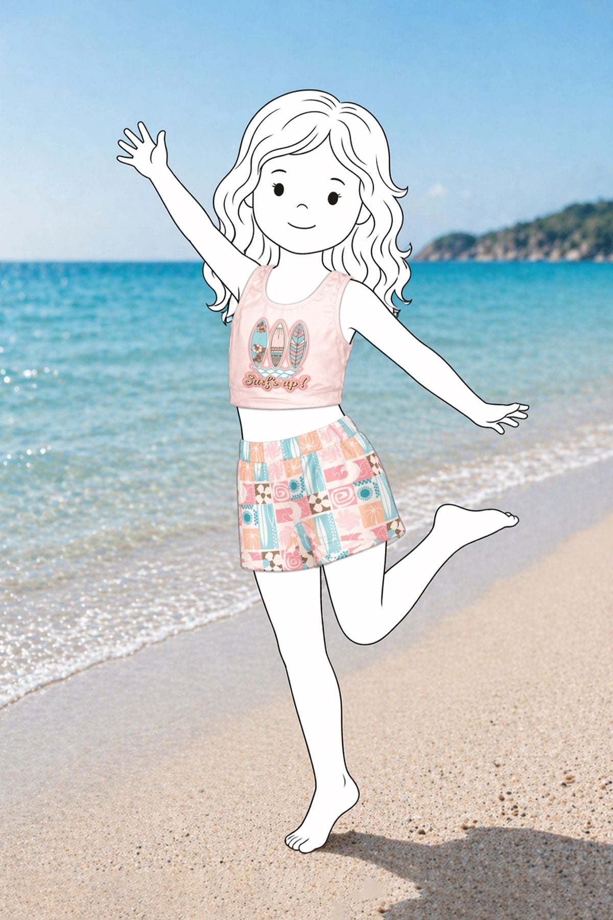 Surf Baskılı Crop Sportif Kız Çocuk Mayo Bikini Takım