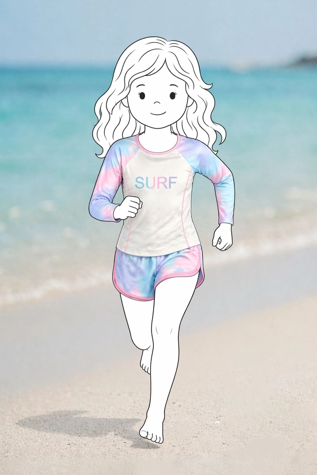 Surf Baskılı Renkli Sportif Kız Çocuk Uzun Kollu Spor Mayo Takımı