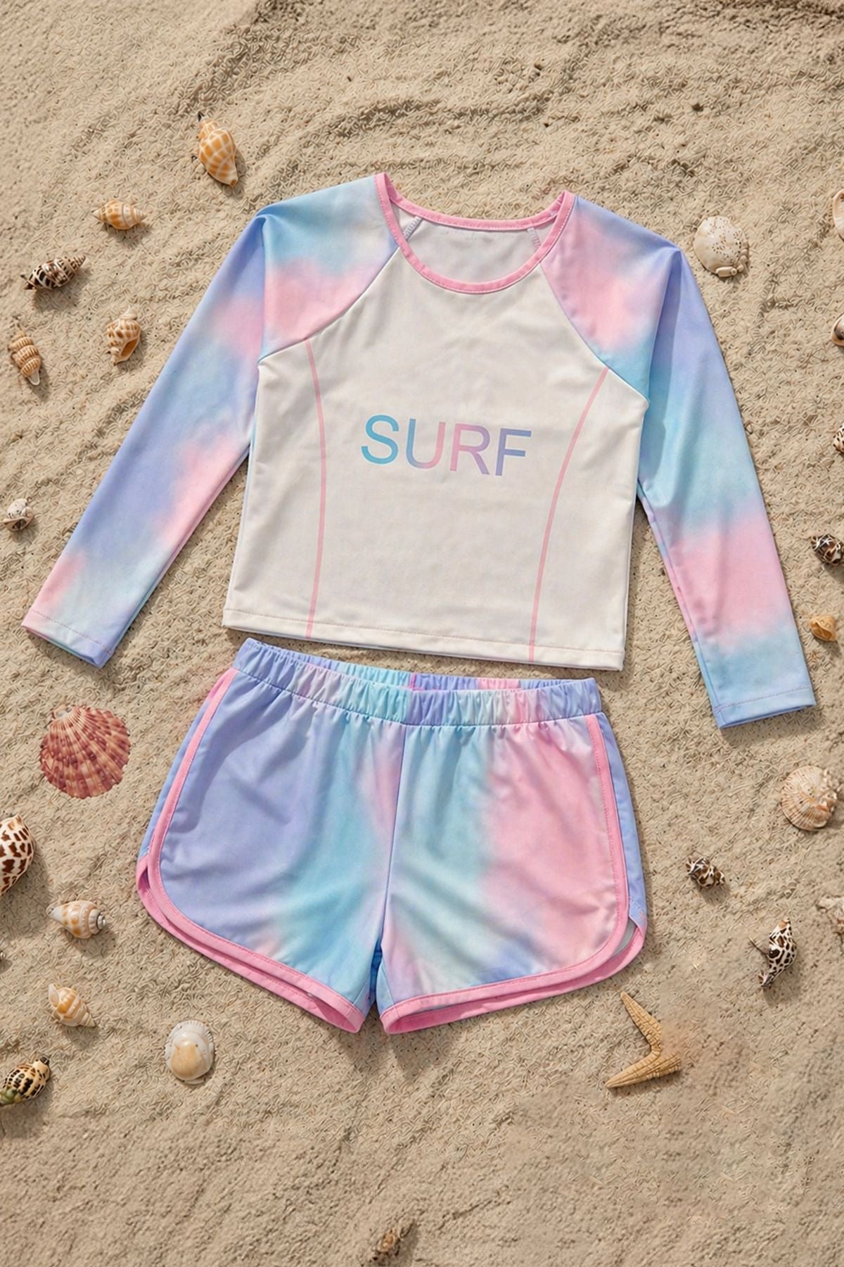 Surf Baskılı Renkli Sportif Kız Çocuk Uzun Kollu Spor Mayo Takımı