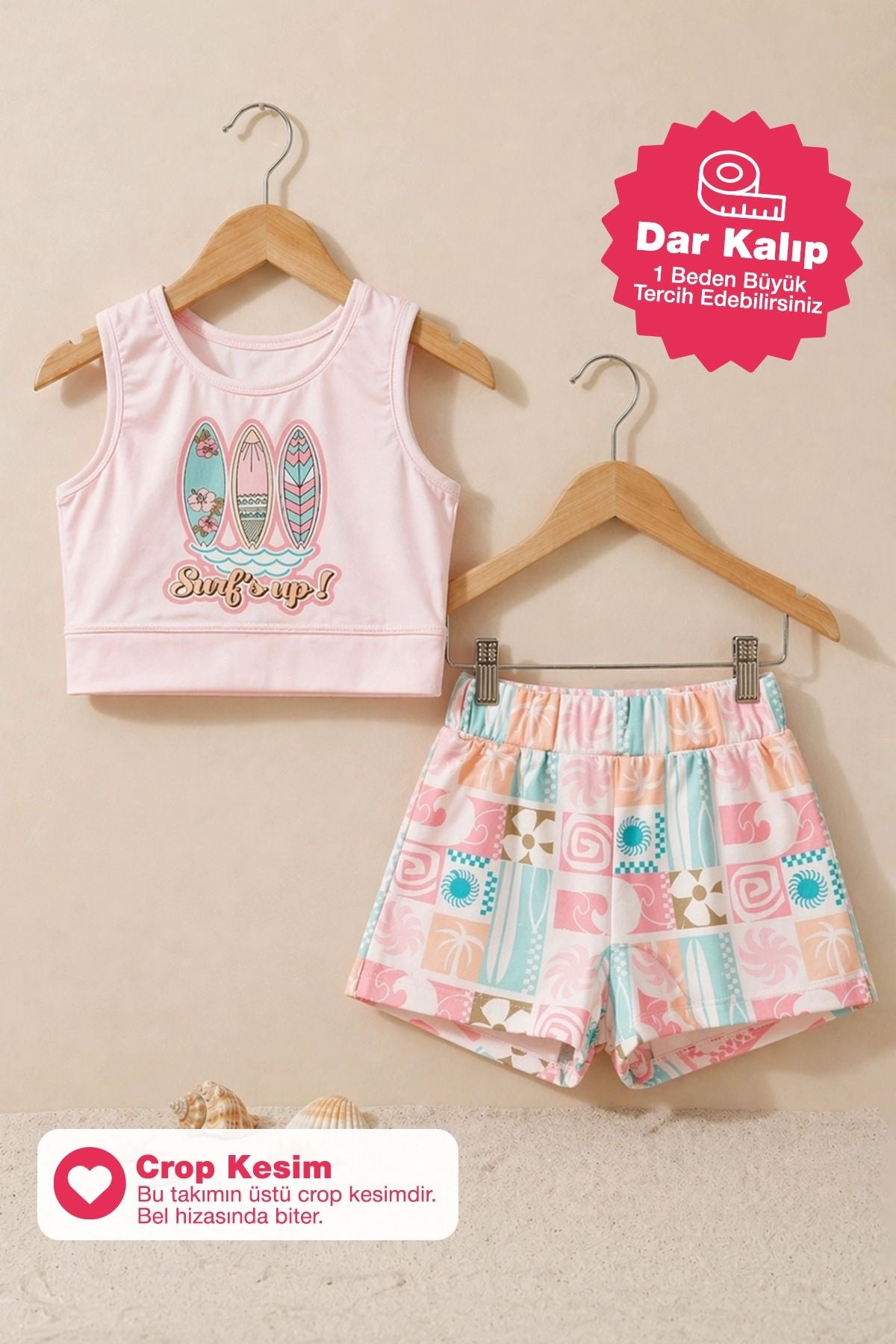 Surf Baskılı Crop Sportif Kız Çocuk Mayo Bikini Takım