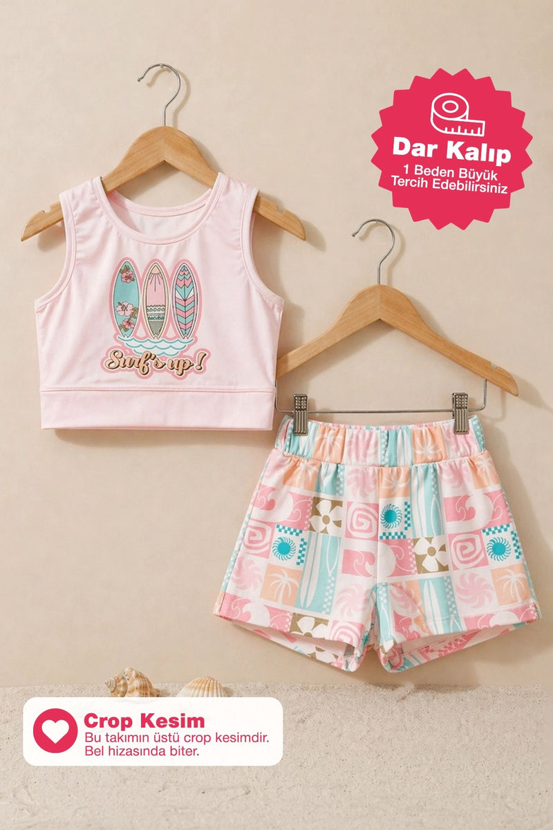 Surf Baskılı Crop Kız Çocuk Mayo Bikini Takım