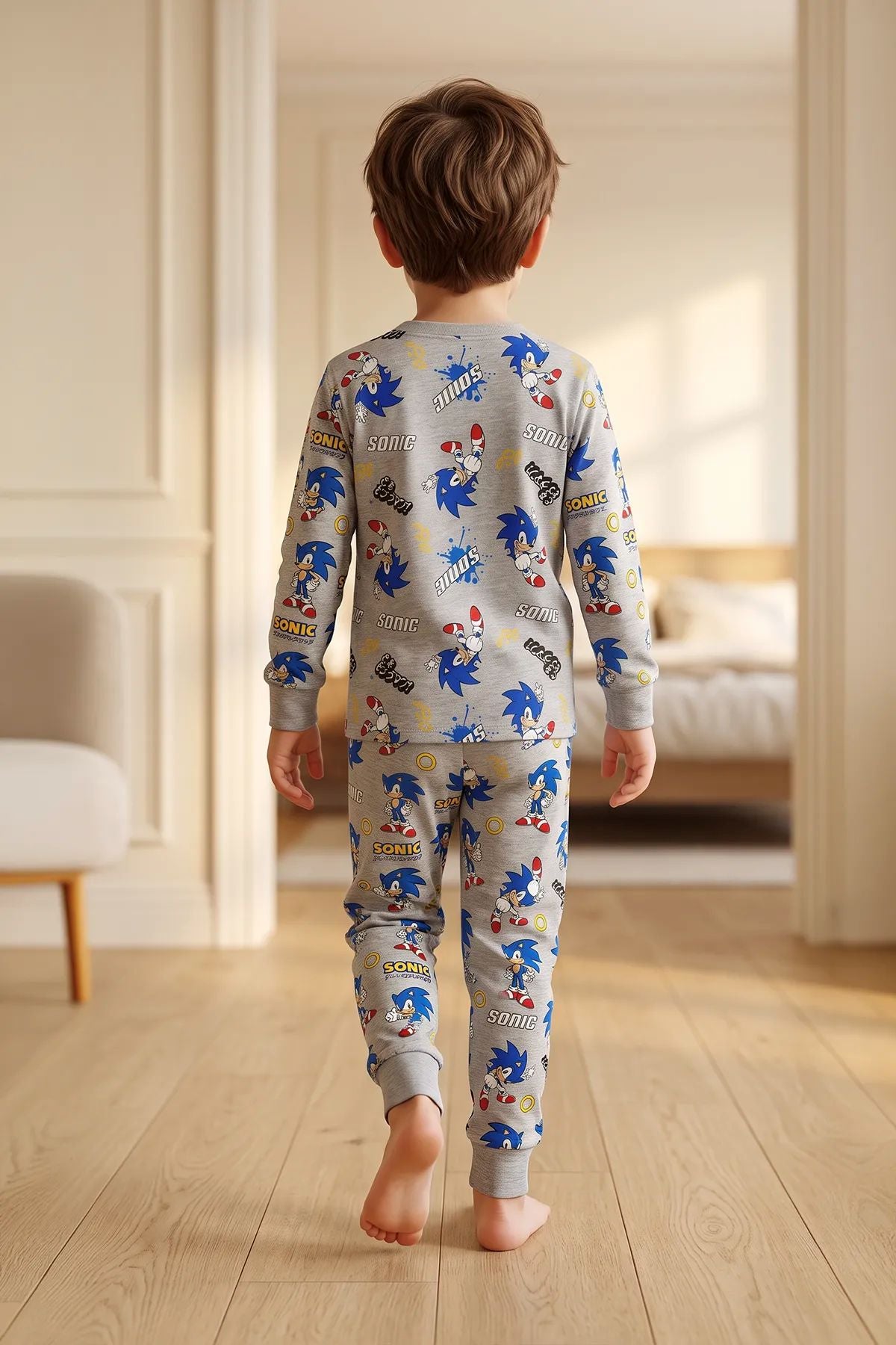 The Hedgehog Super Sonic Desenli %100 Pamuk Gri Renk Erkek Çocuk Pijama Takımı