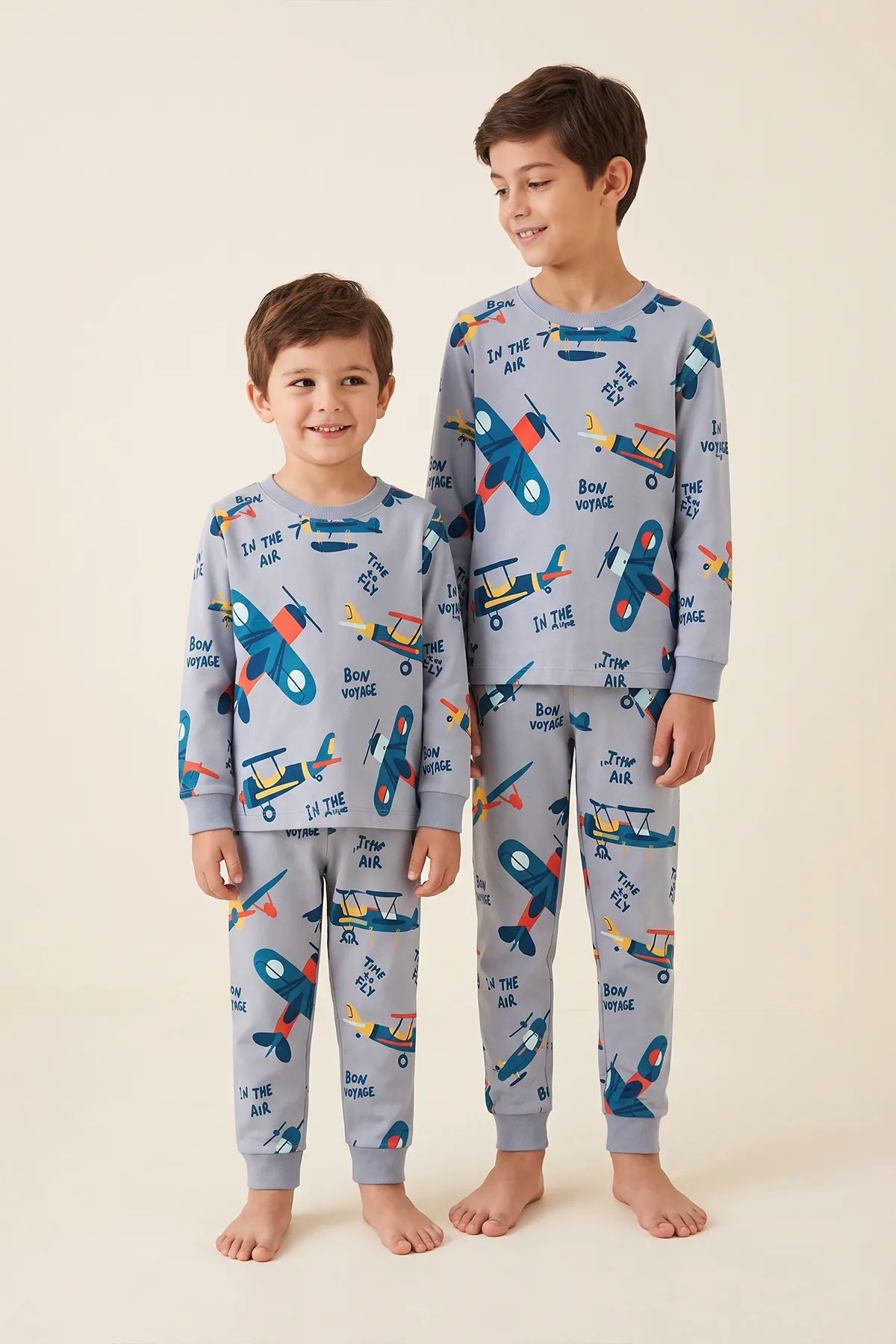 Time To FLY Gri Renk Uçak Desenli Erkek Çocuk Pijama Takımı