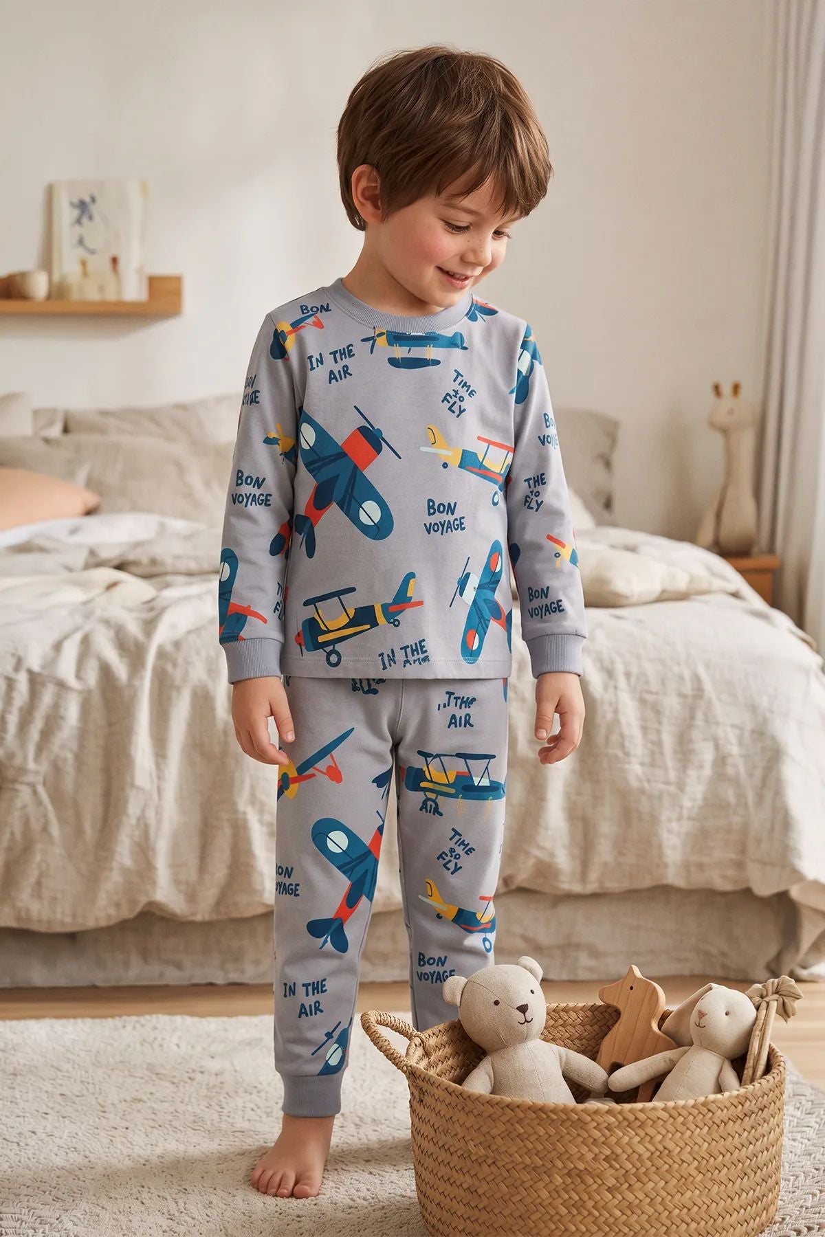 Time To FLY Gri Renk Uçak Desenli Erkek Çocuk Pijama Takımı