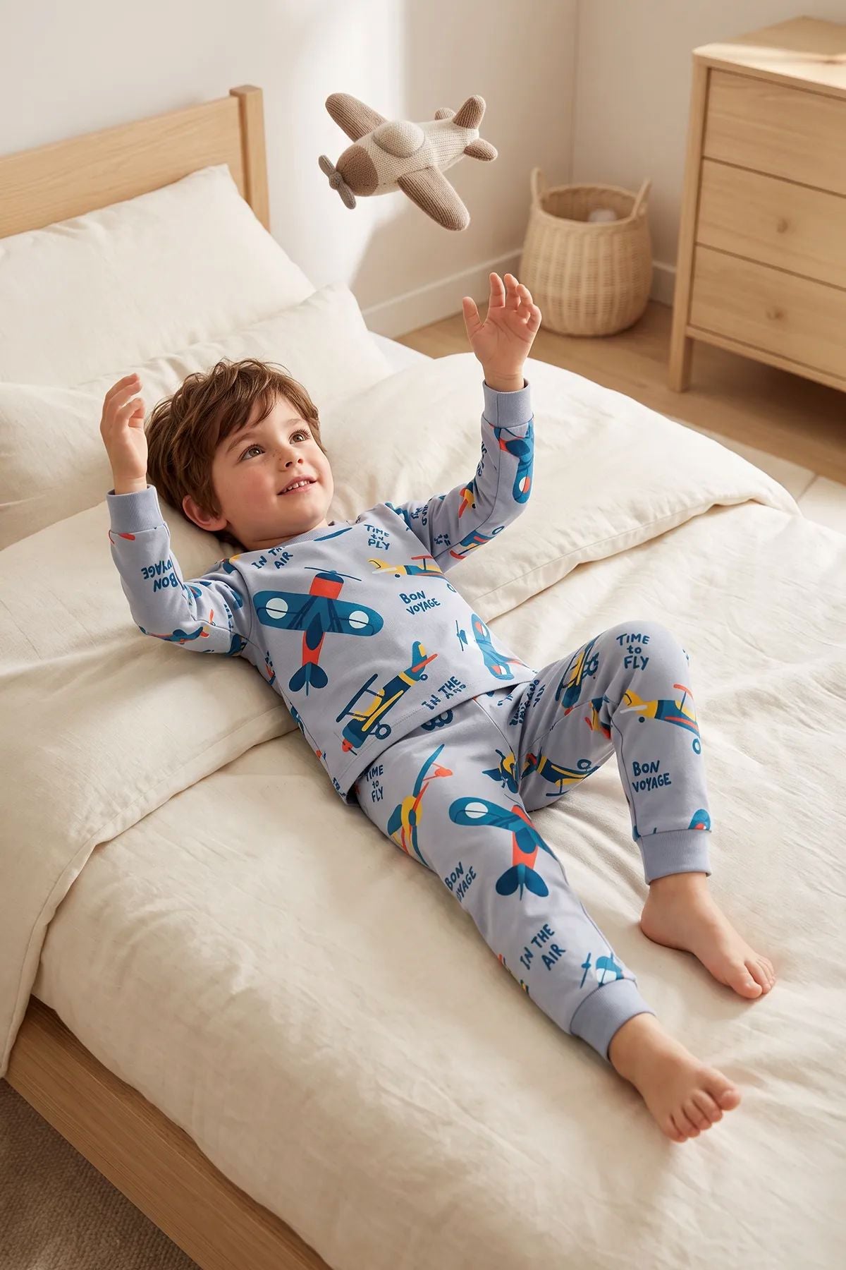 Time To FLY Gri Renk Uçak Desenli Erkek Çocuk Pijama Takımı