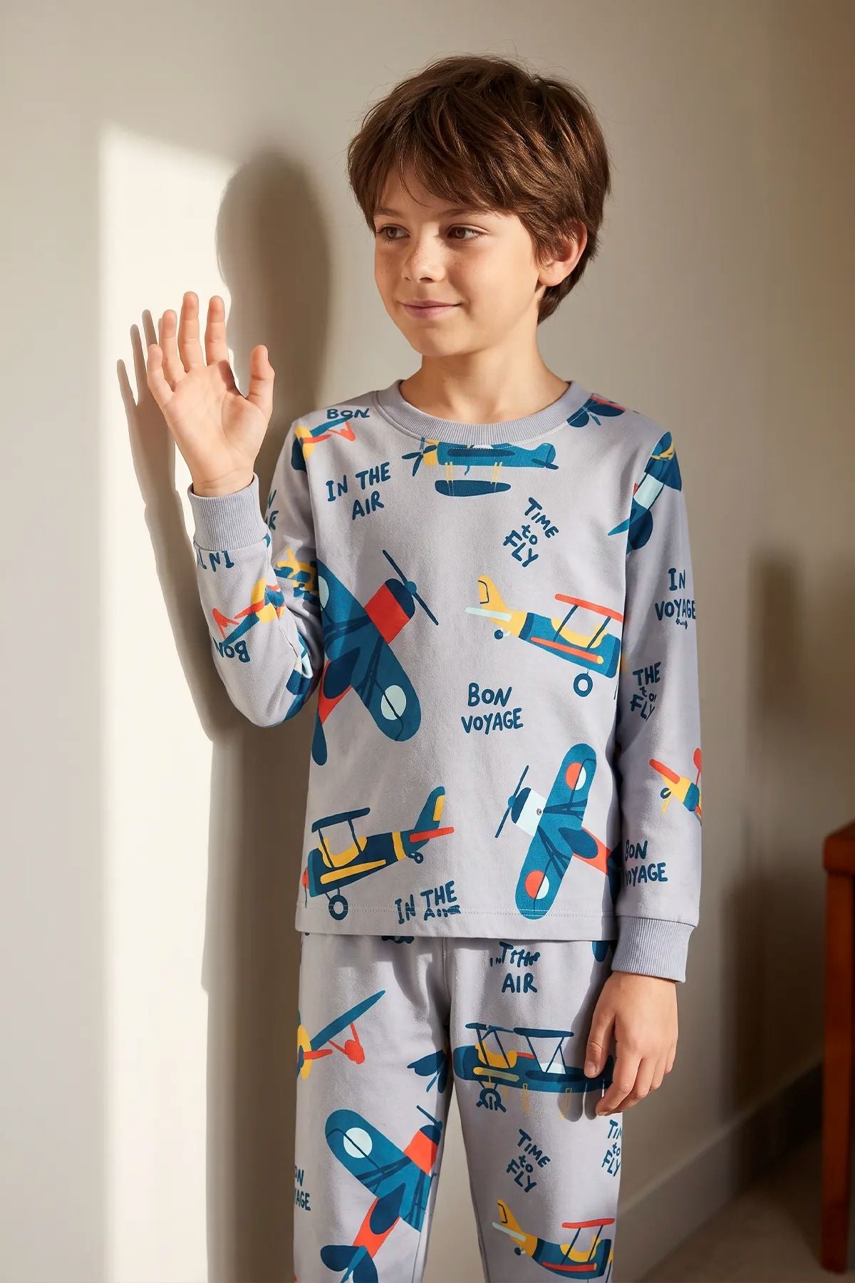 Time To FLY Gri Renk Uçak Desenli Erkek Çocuk Pijama Takımı