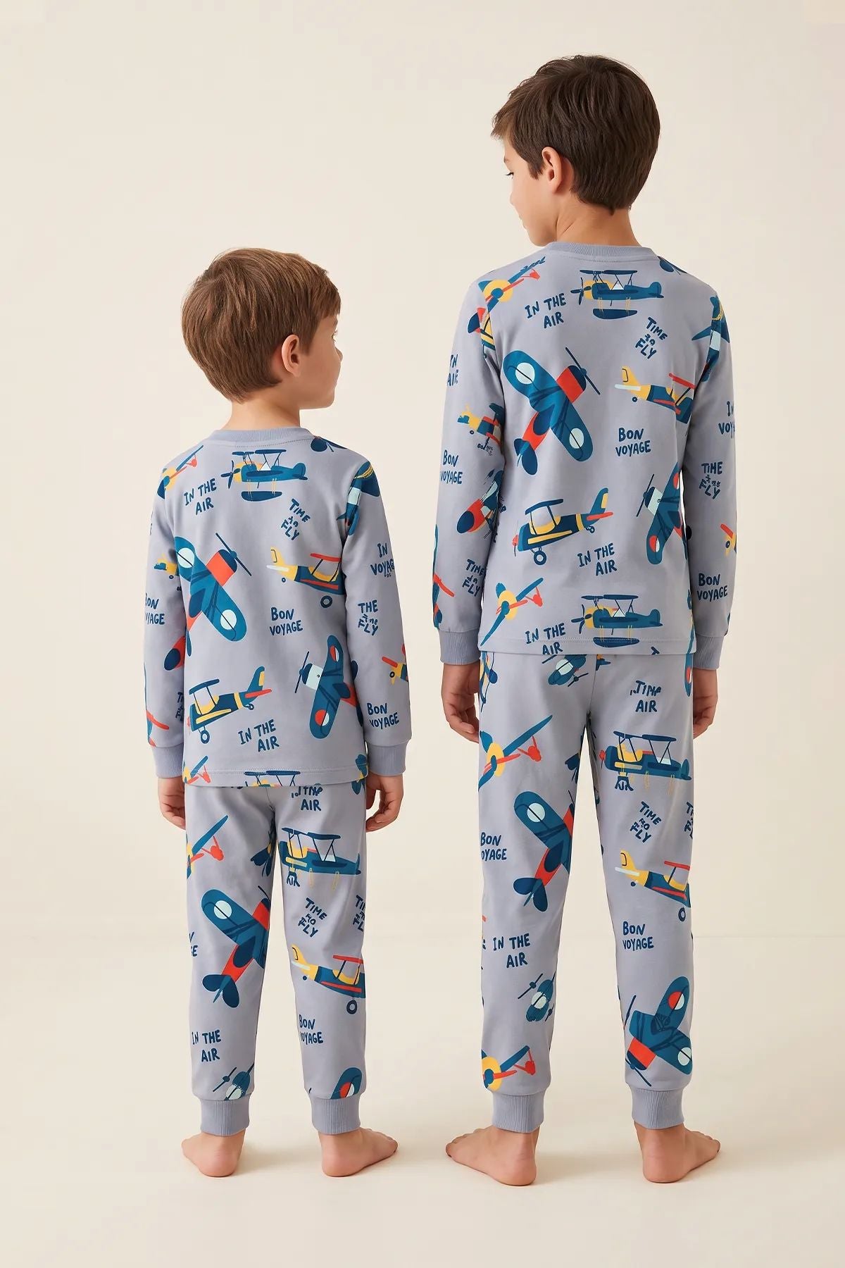 Time To FLY Gri Renk Uçak Desenli Erkek Çocuk Pijama Takımı