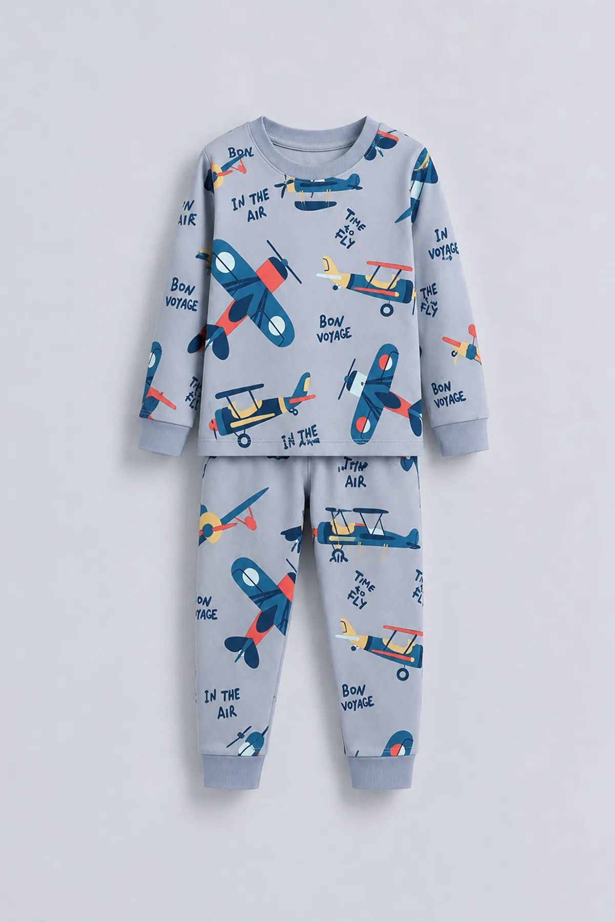 Time To FLY Gri Renk Uçak Desenli Erkek Çocuk Pijama Takımı