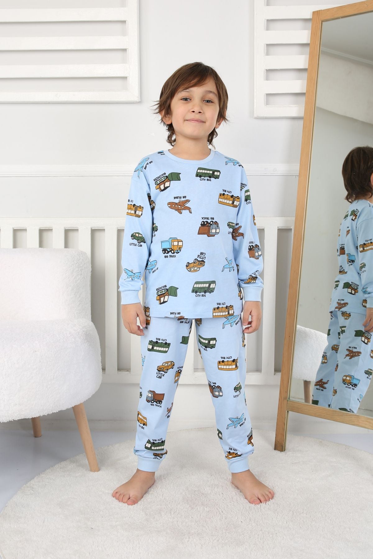Transportation Veichle Desenli Çocuk Pijama Takımı (Alt-Üst) Bej 3-8 Yaş