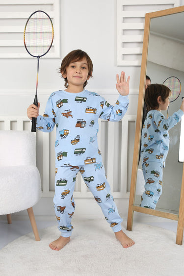 Transportation Veichle Desenli Çocuk Pijama Takımı (Alt-Üst) Bej 3-8 Yaş