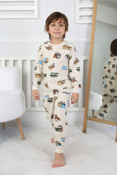 Transportation Veichle Desenli Çocuk Pijama Takımı (Alt-Üst) Bej 3-8 Yaş