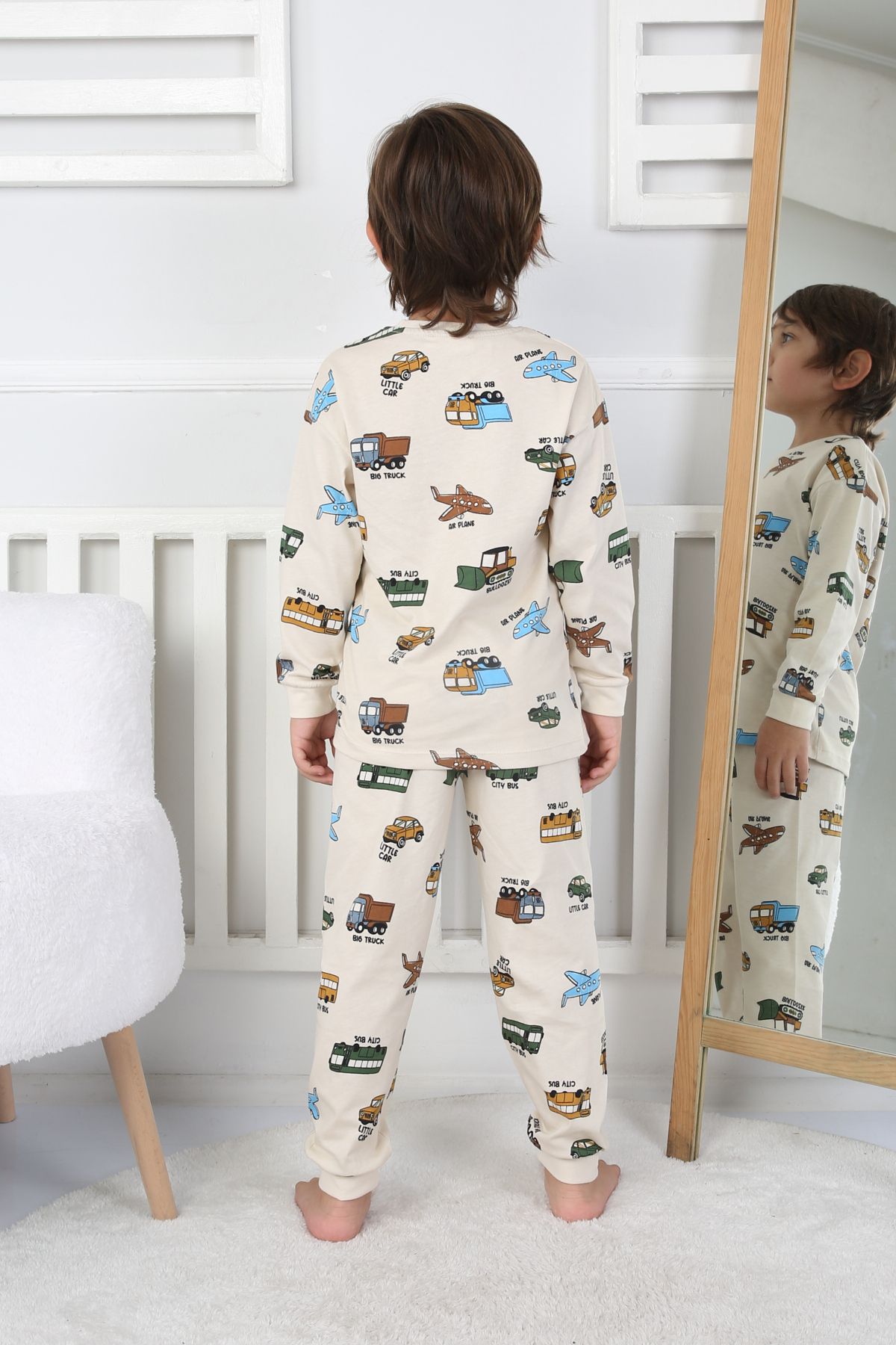 Transportation Veichle Desenli Çocuk Pijama Takımı (Alt-Üst) Bej 3-8 Yaş