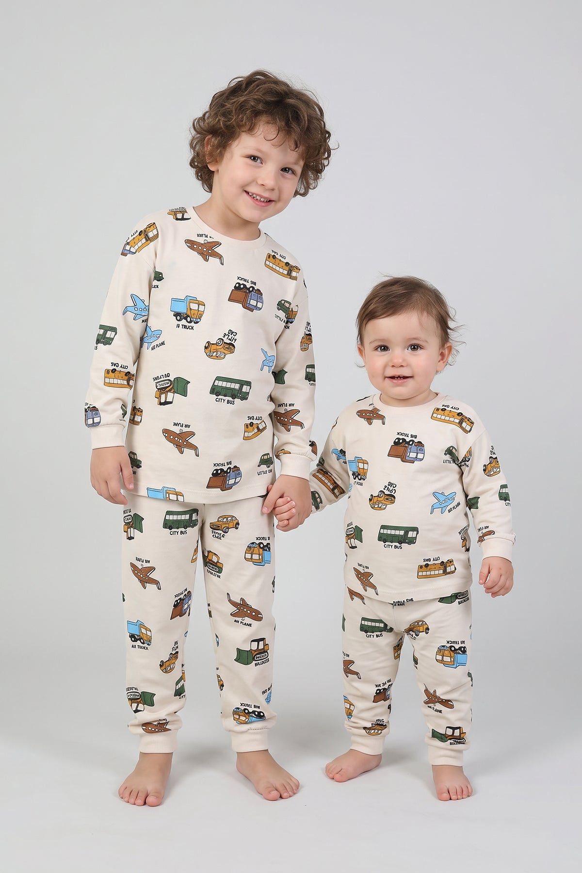 Transportation Veichle Desenli Çocuk Pijama Takımı (Alt-Üst) Bej 3-8 Yaş