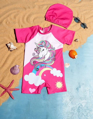 Unicorn Gökkuşağı Baskılı Kız Çocuk Fermuarlı Boneli Tulum Mayo