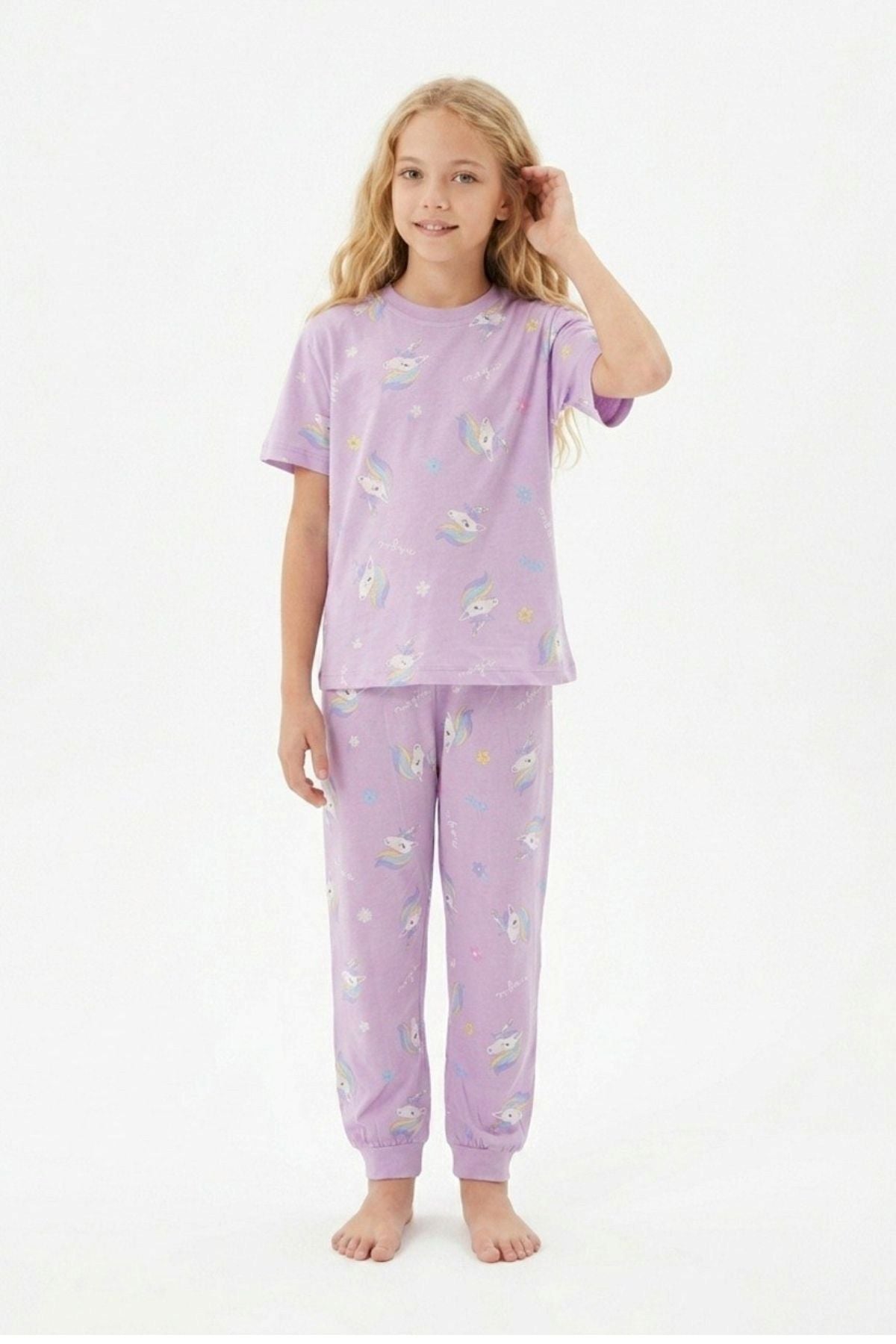 Unicorn Desenli Kısa Kollu %100 Pamuk Kız Çocuğu Pijama Takımı