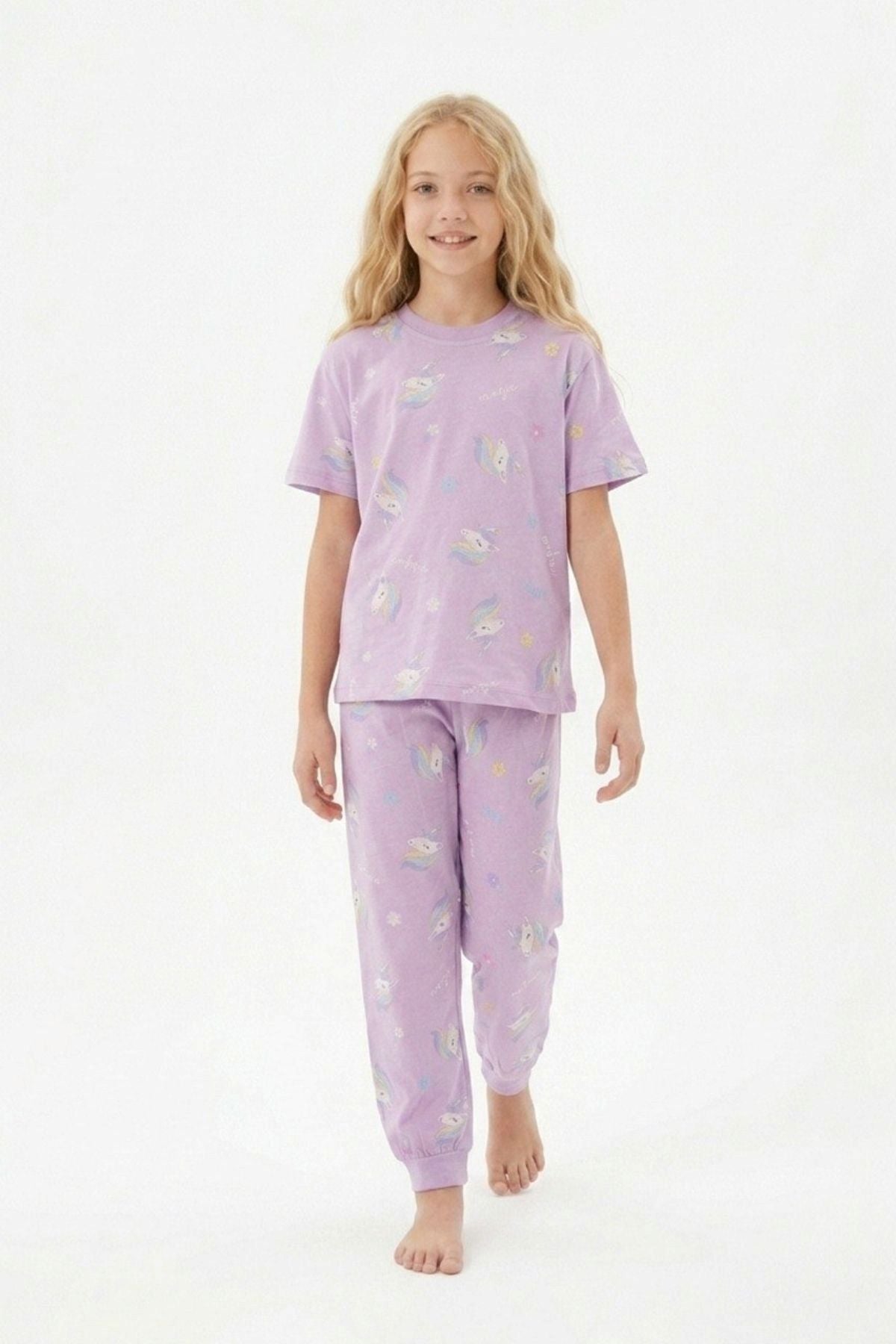 Unicorn Desenli Kısa Kollu %100 Pamuk Kız Çocuğu Pijama Takımı
