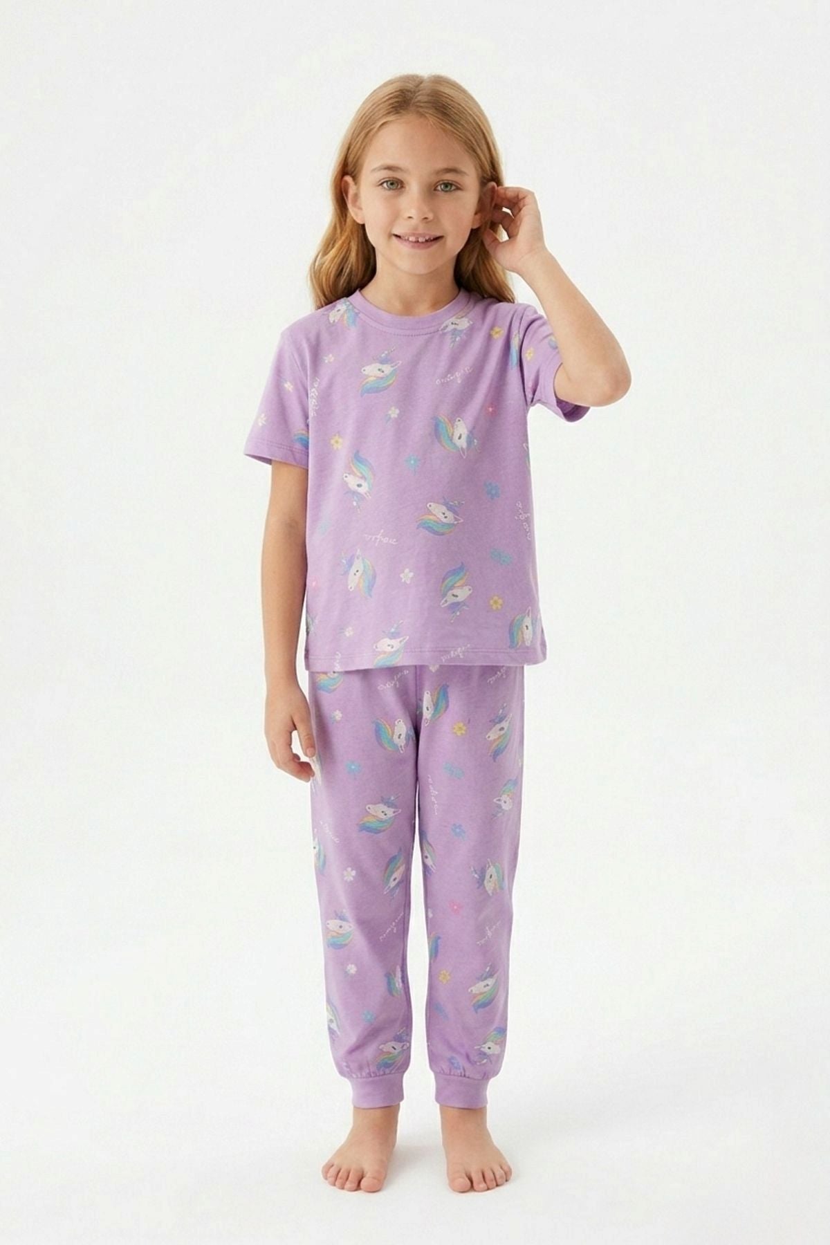 Unicorn Desenli Kısa Kollu %100 Pamuk Kız Çocuğu Pijama Takımı