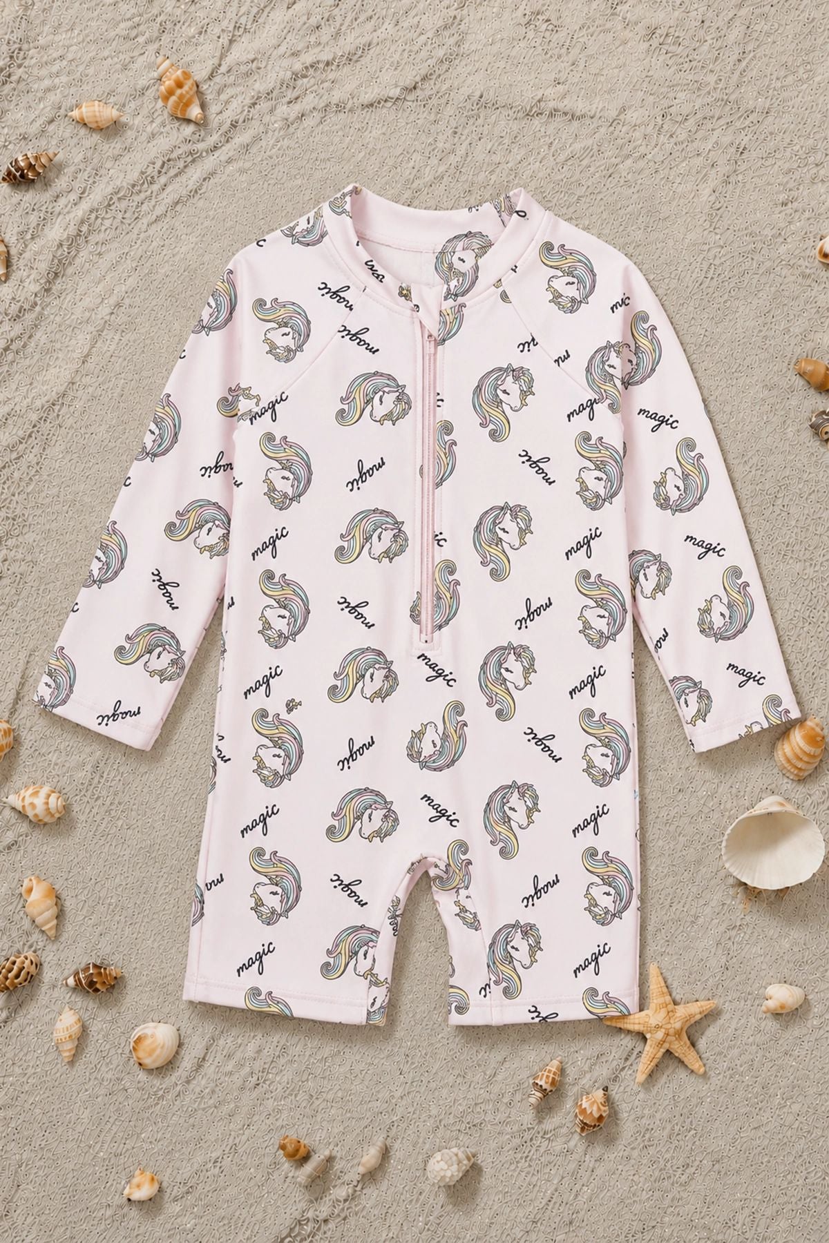 Unicorn Desenli Uzun Kollu Kız Bebek Fermuarlı Deniz Tulumu