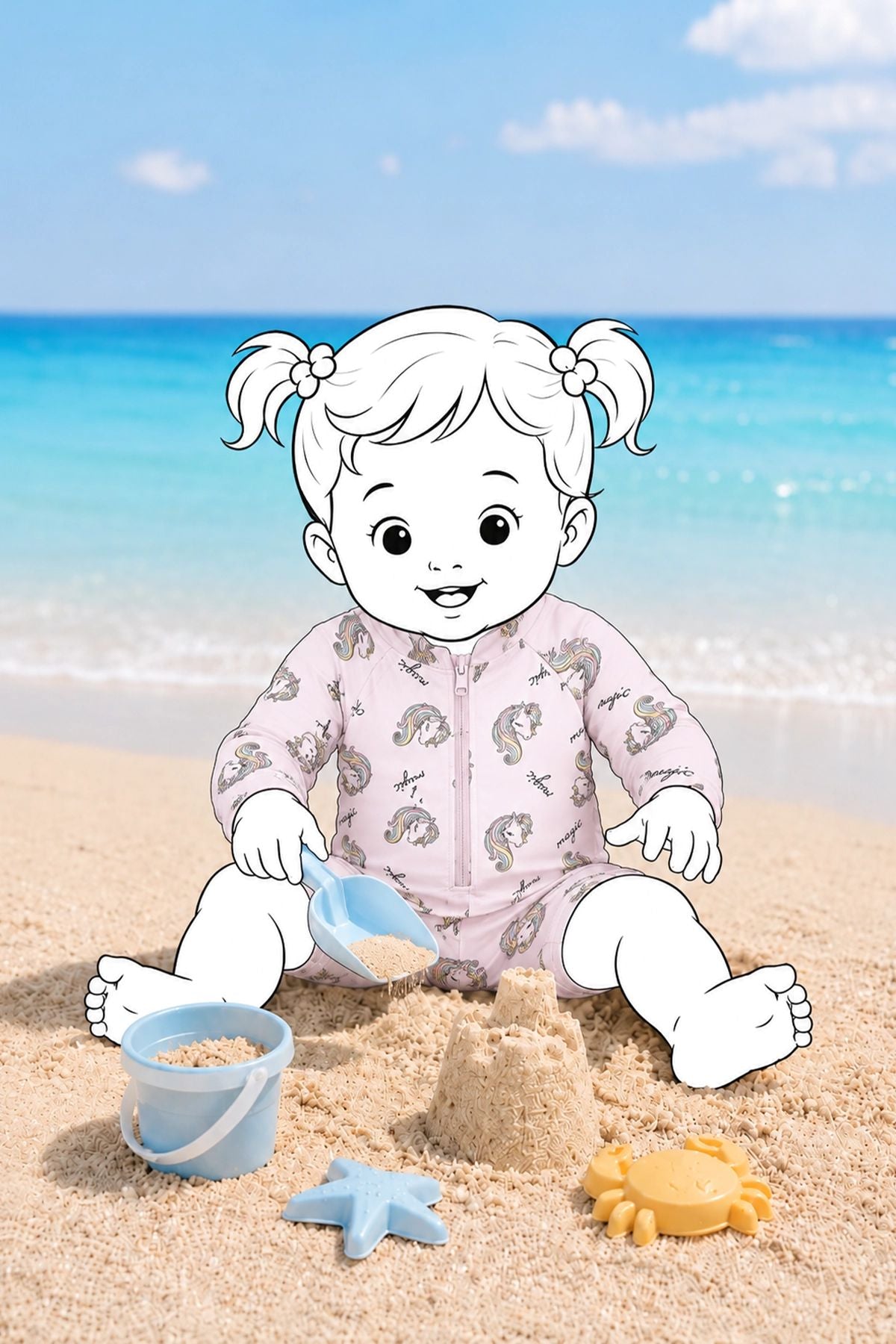 Unicorn Desenli Uzun Kollu Kız Bebek Fermuarlı Deniz Tulumu