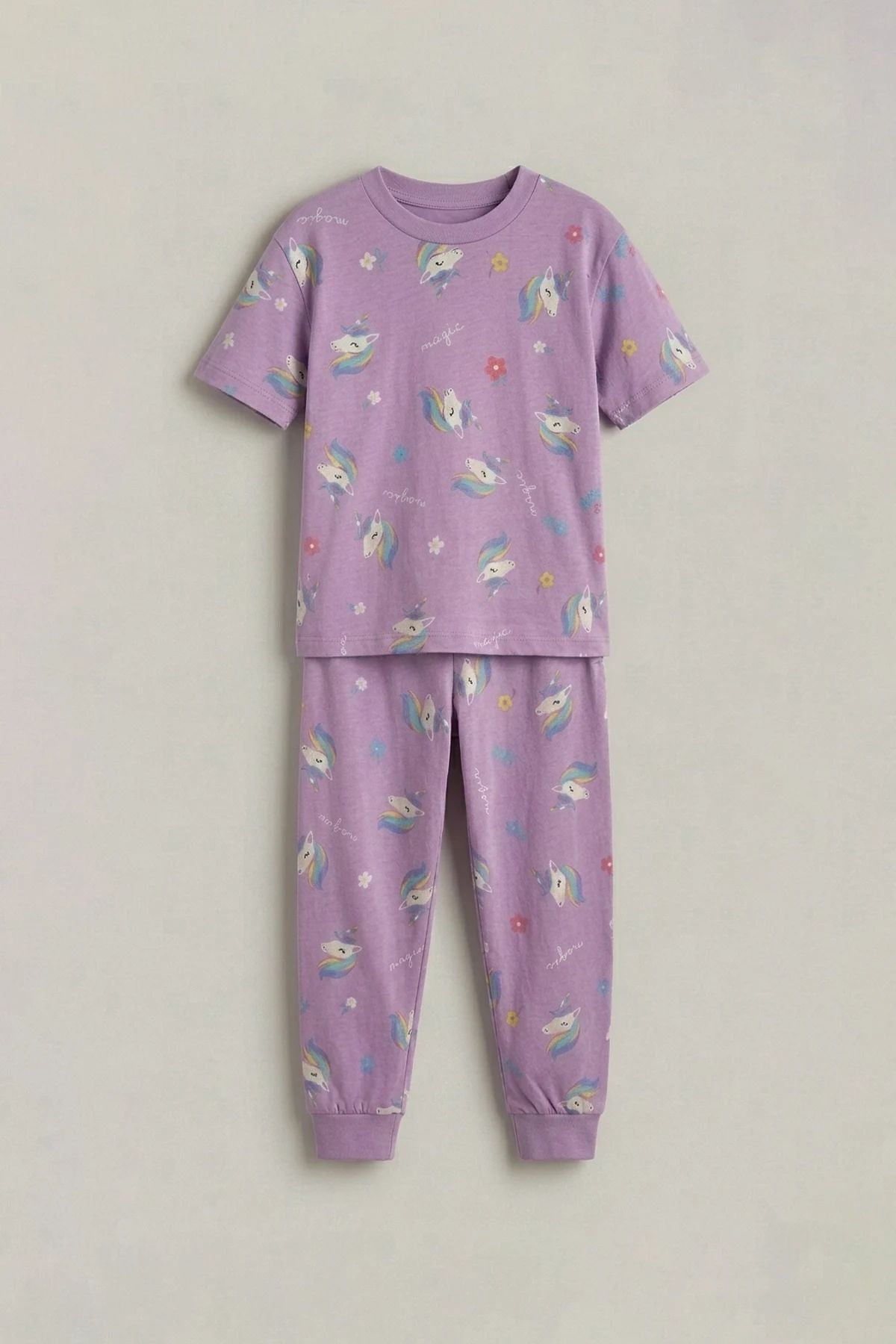 Unicorn Desenli Kısa Kollu %100 Pamuk Kız Çocuğu Pijama Takımı
