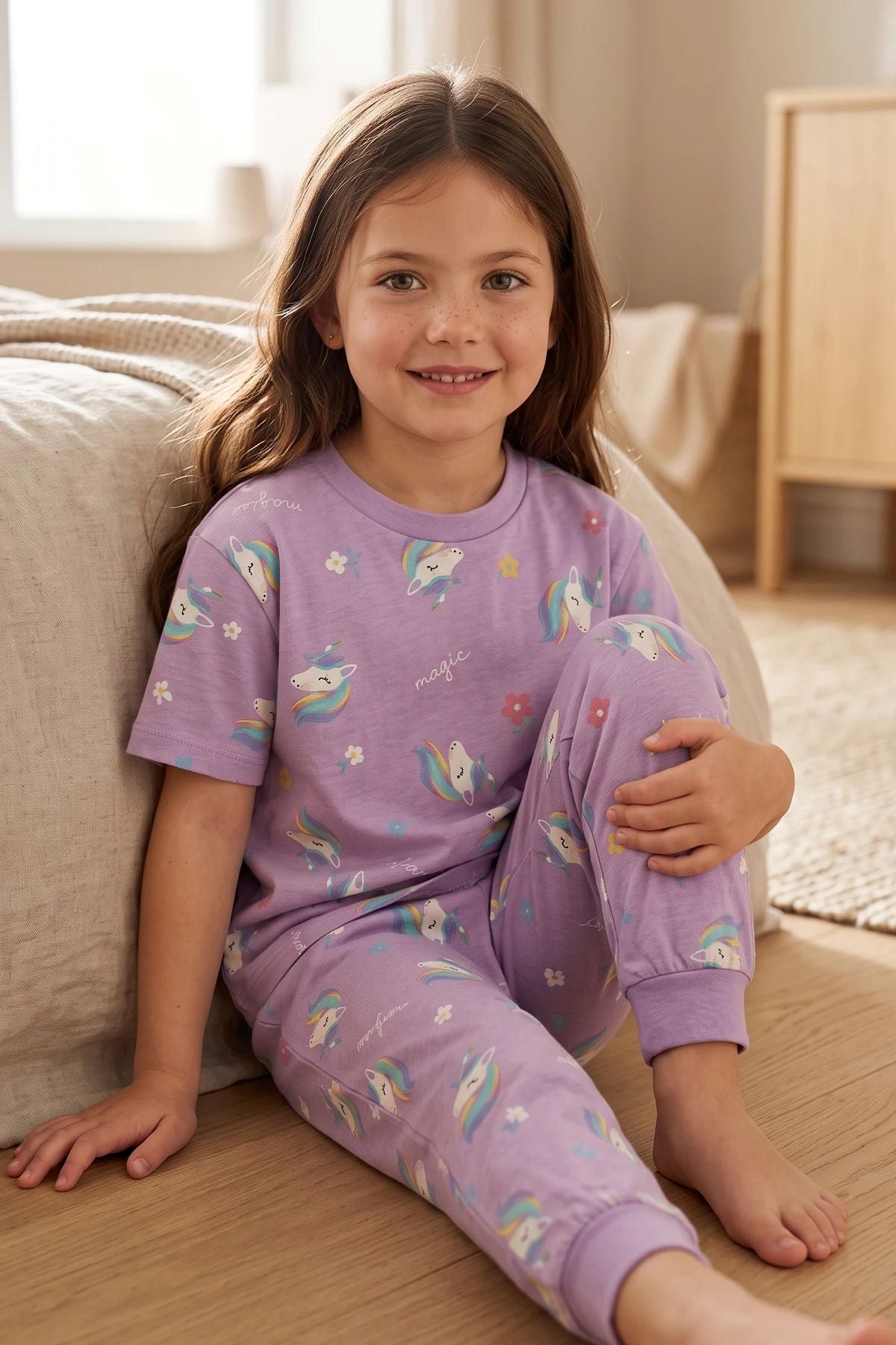 Unicorn Desenli Kısa Kollu %100 Pamuk Kız Çocuğu Pijama Takımı