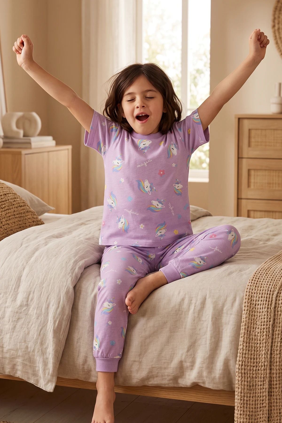Unicorn Desenli Kısa Kollu %100 Pamuk Kız Çocuğu Pijama Takımı