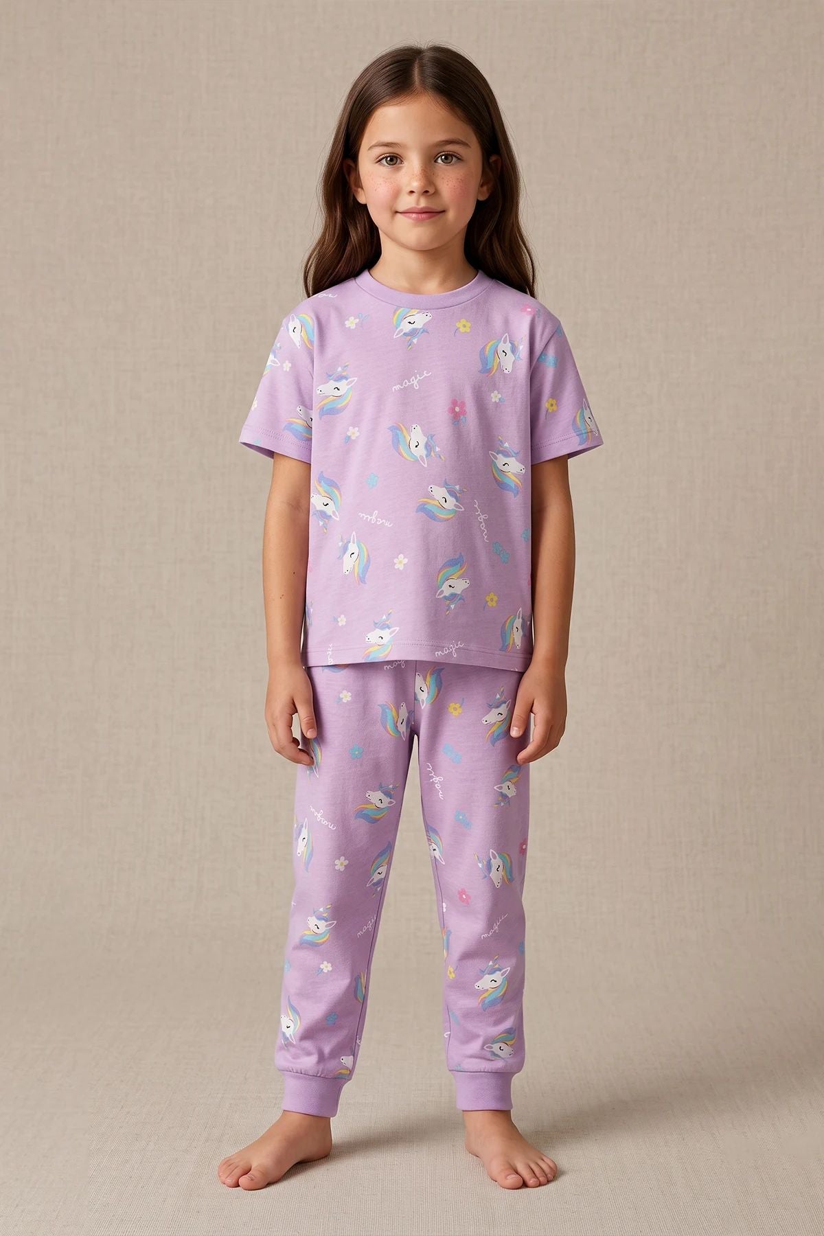 Unicorn Desenli Kısa Kollu %100 Pamuk Kız Çocuğu Pijama Takımı