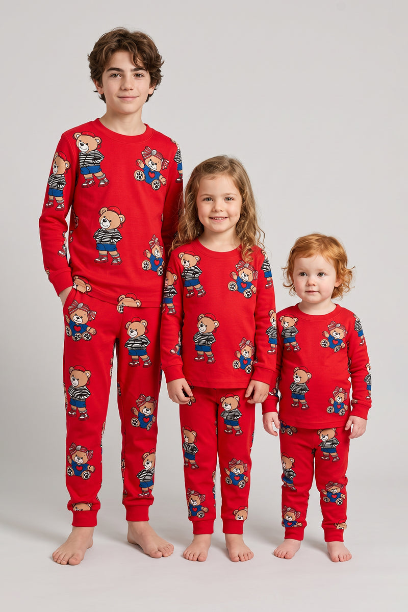 Unisex Kırmızı Renk Ayıcık Desenli Uzun Kollu Pijama Takımı