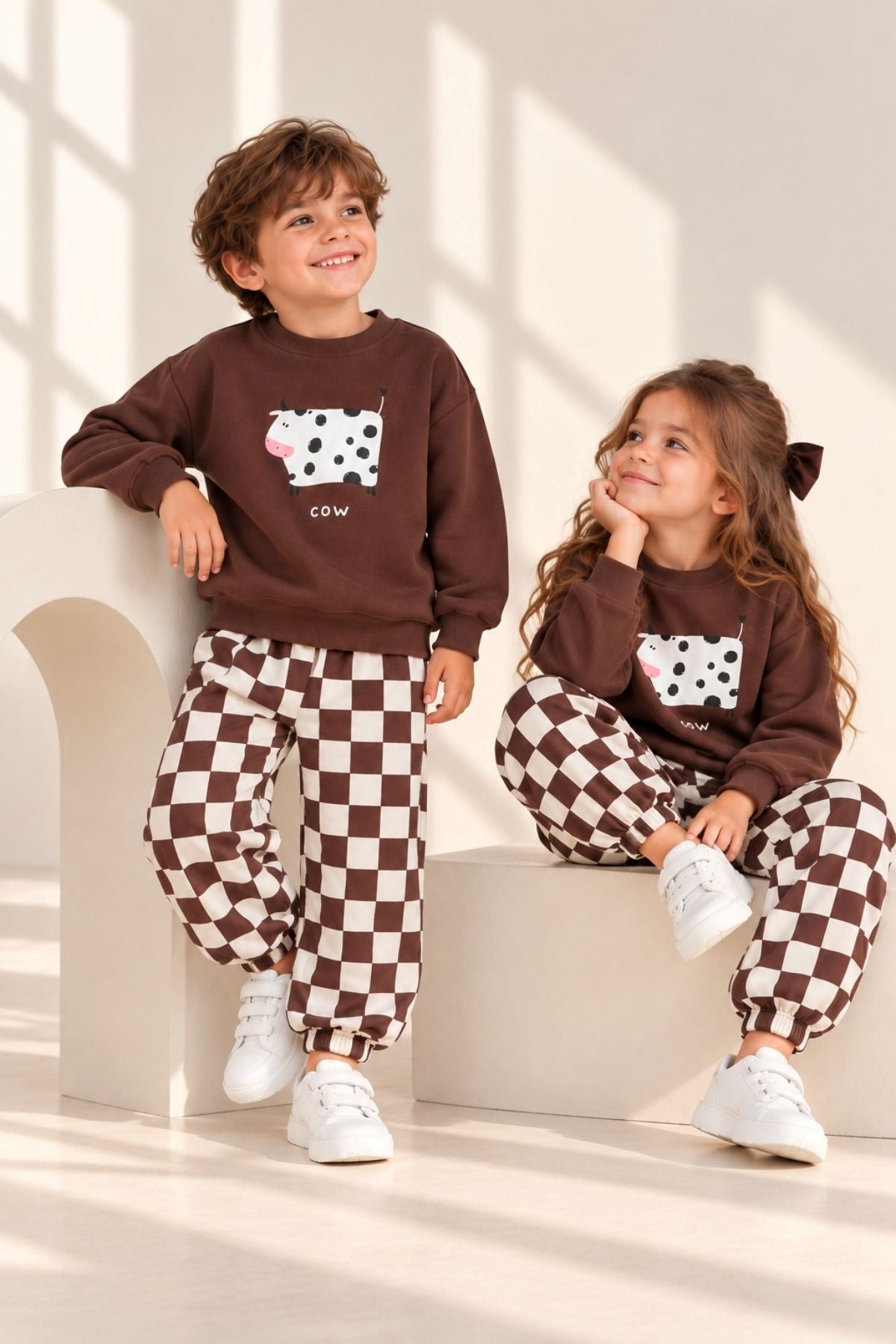 Unisex Çocuk İnek Baskılı 3 İplik Eşofman Alt - Üst Takım