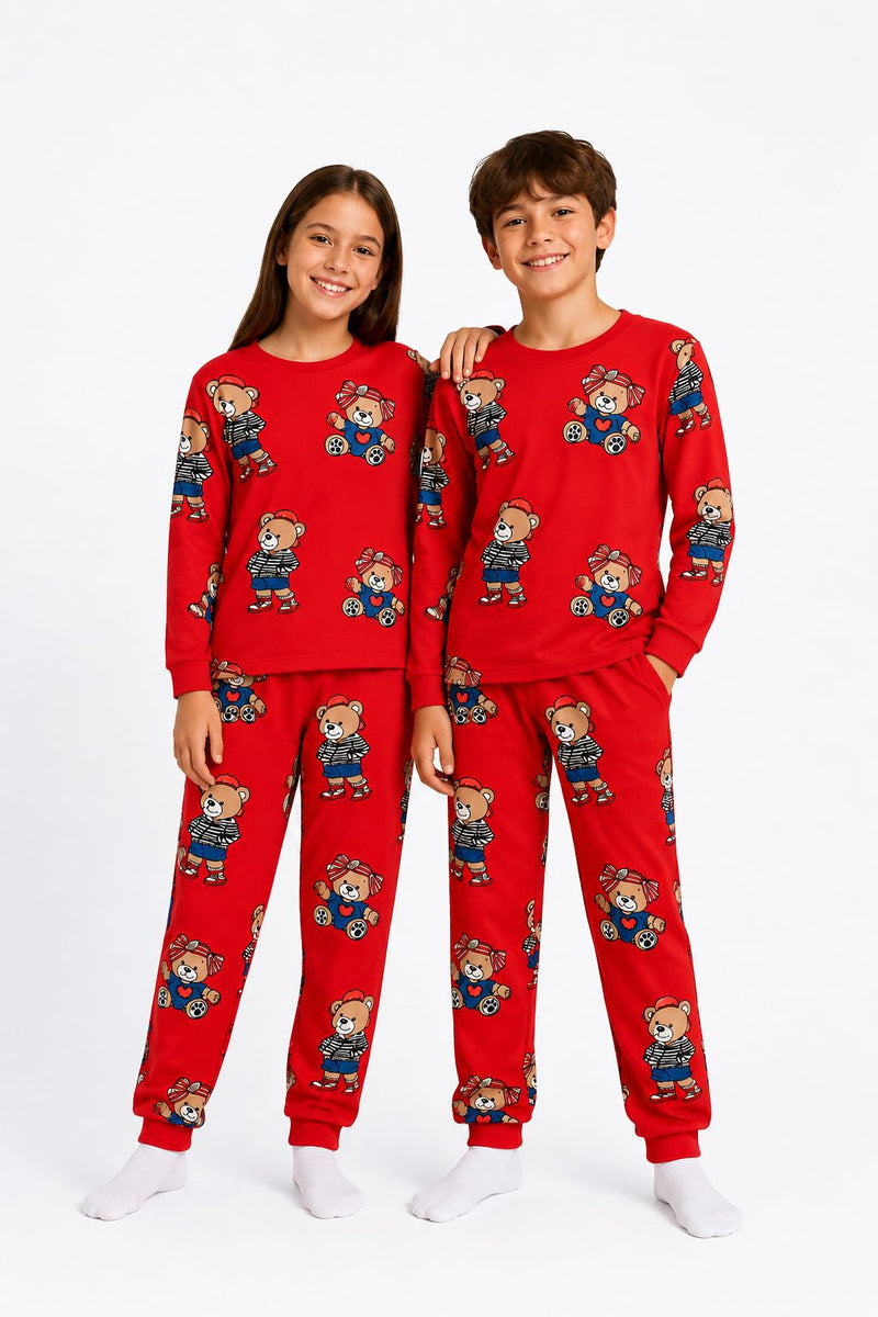 Unisex Kırmızı Renk Ayıcık Desenli Uzun Kollu Pijama Takımı