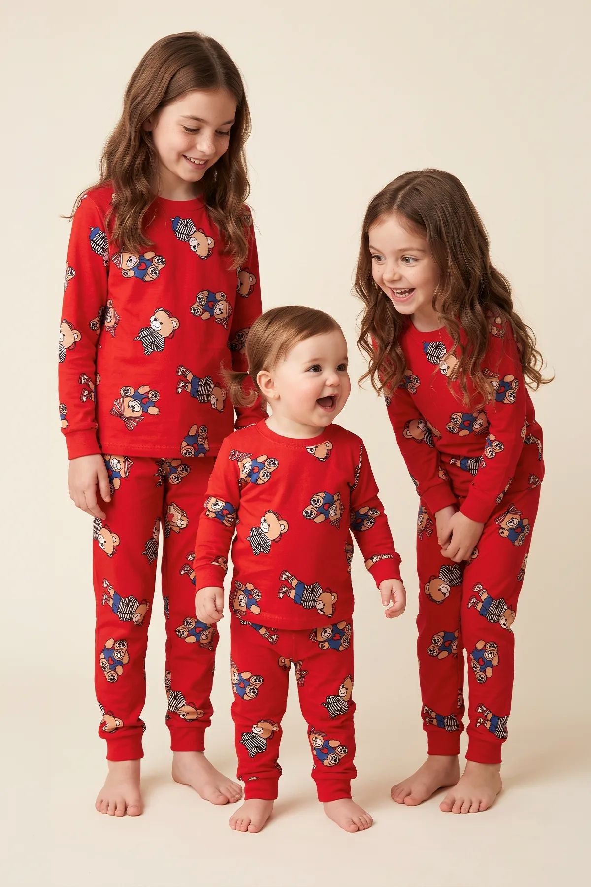 Unisex Kırmızı Renk Ayıcık Desenli Uzun Kollu Pijama Takımı