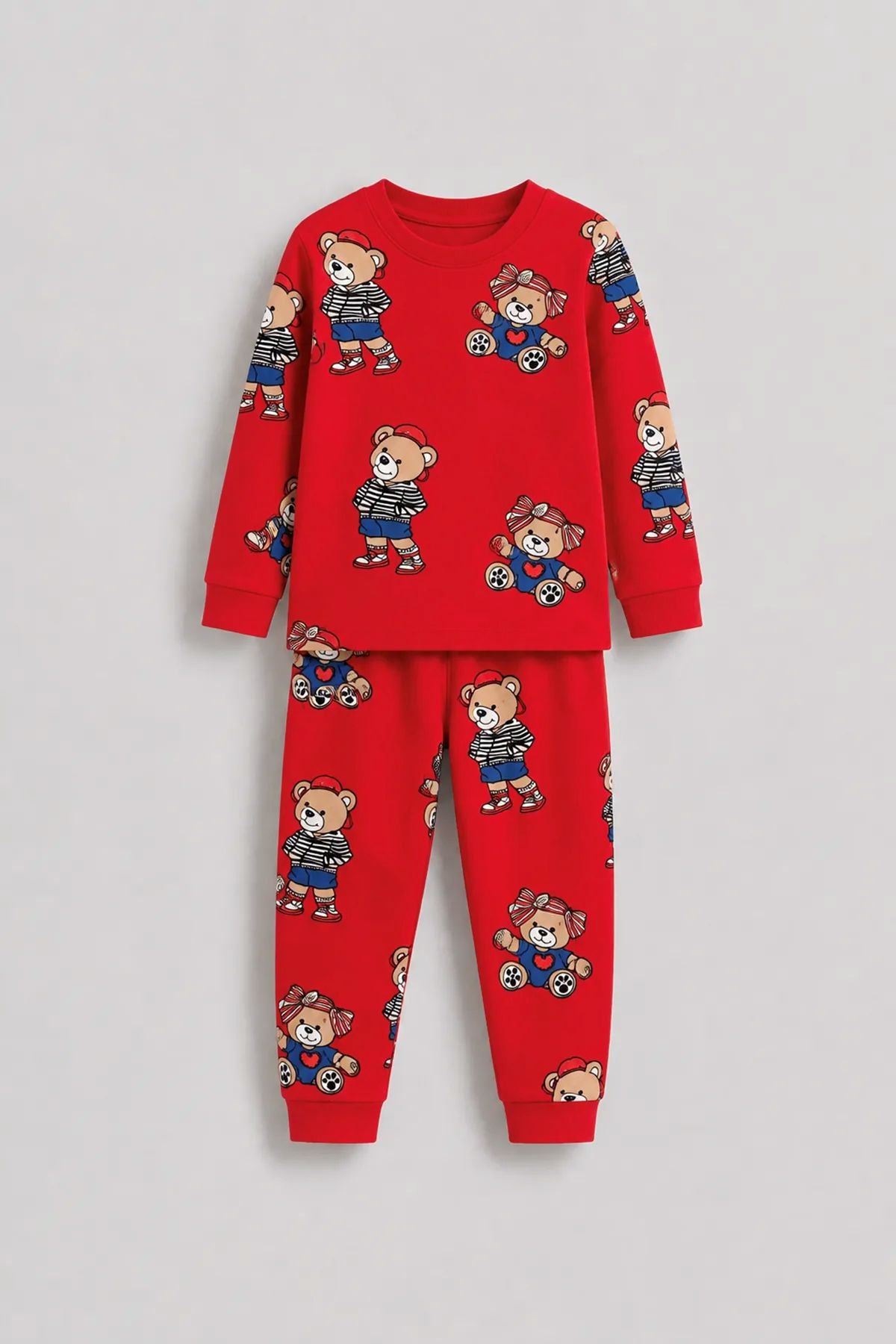Unisex Kırmızı Renk Ayıcık Desenli Uzun Kollu Pijama Takımı