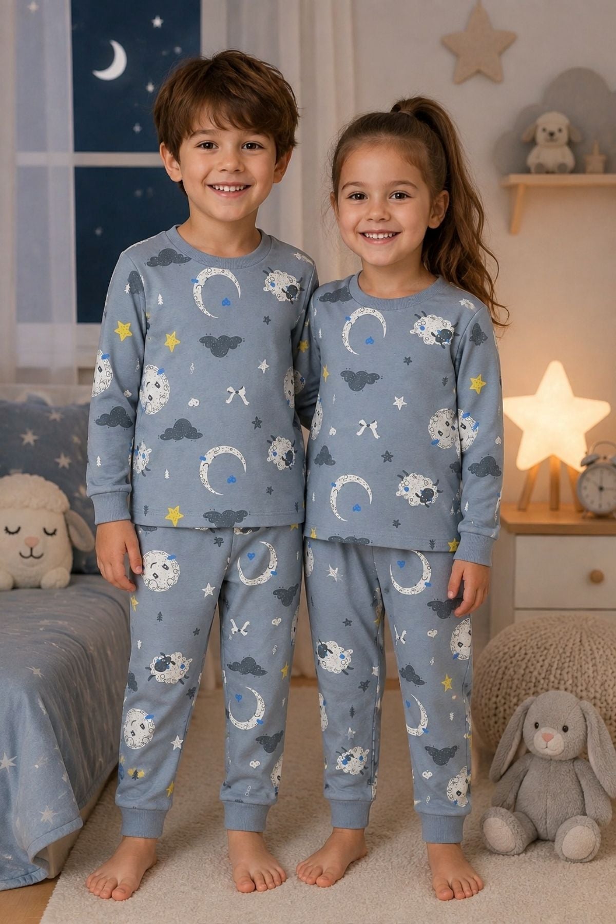Unisex Mavi Ay ve Kuzu Desenli Uzun Kollu Pijama Takımı