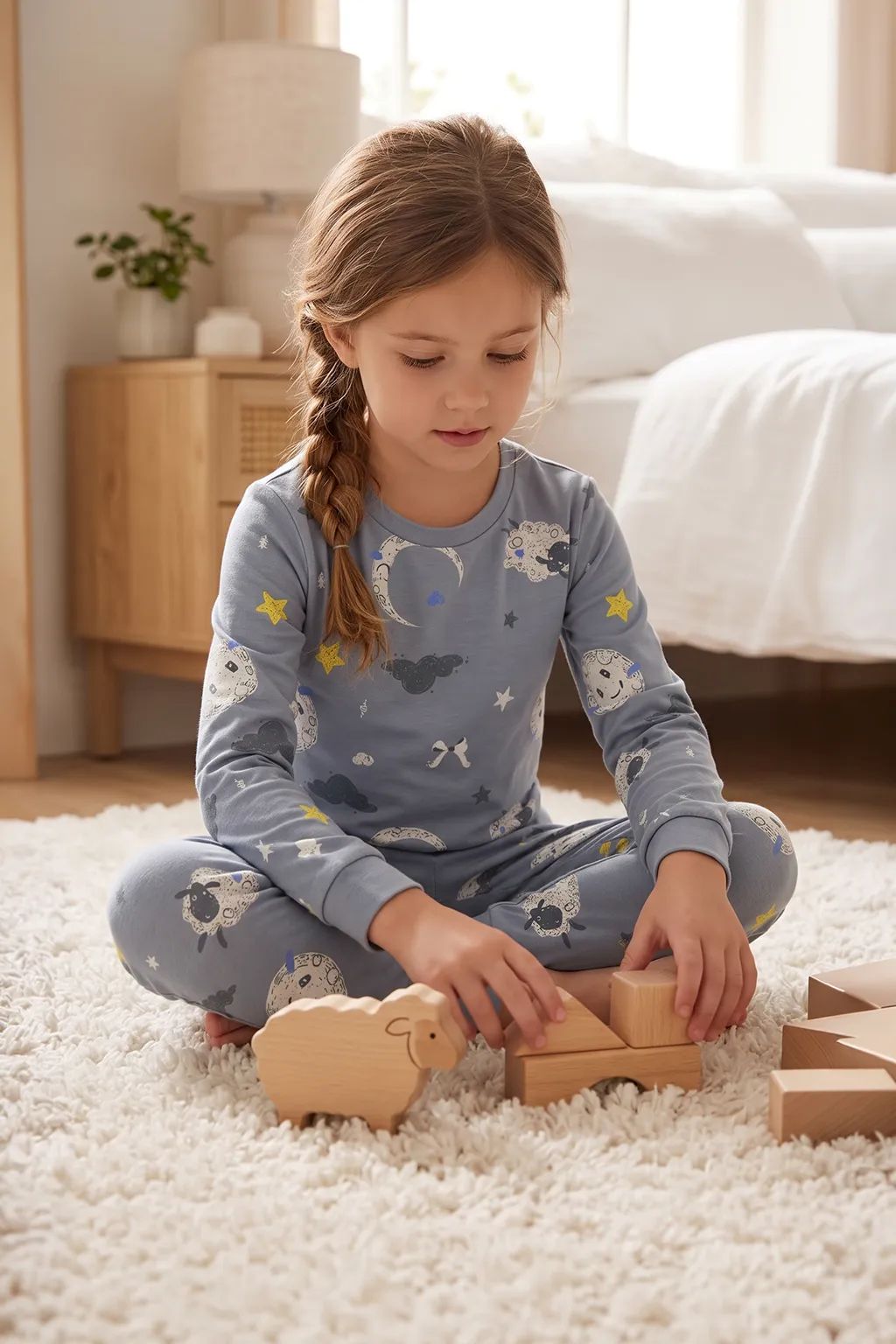 Unisex Mavi Ay ve Kuzu Desenli Uzun Kollu Pijama Takımı