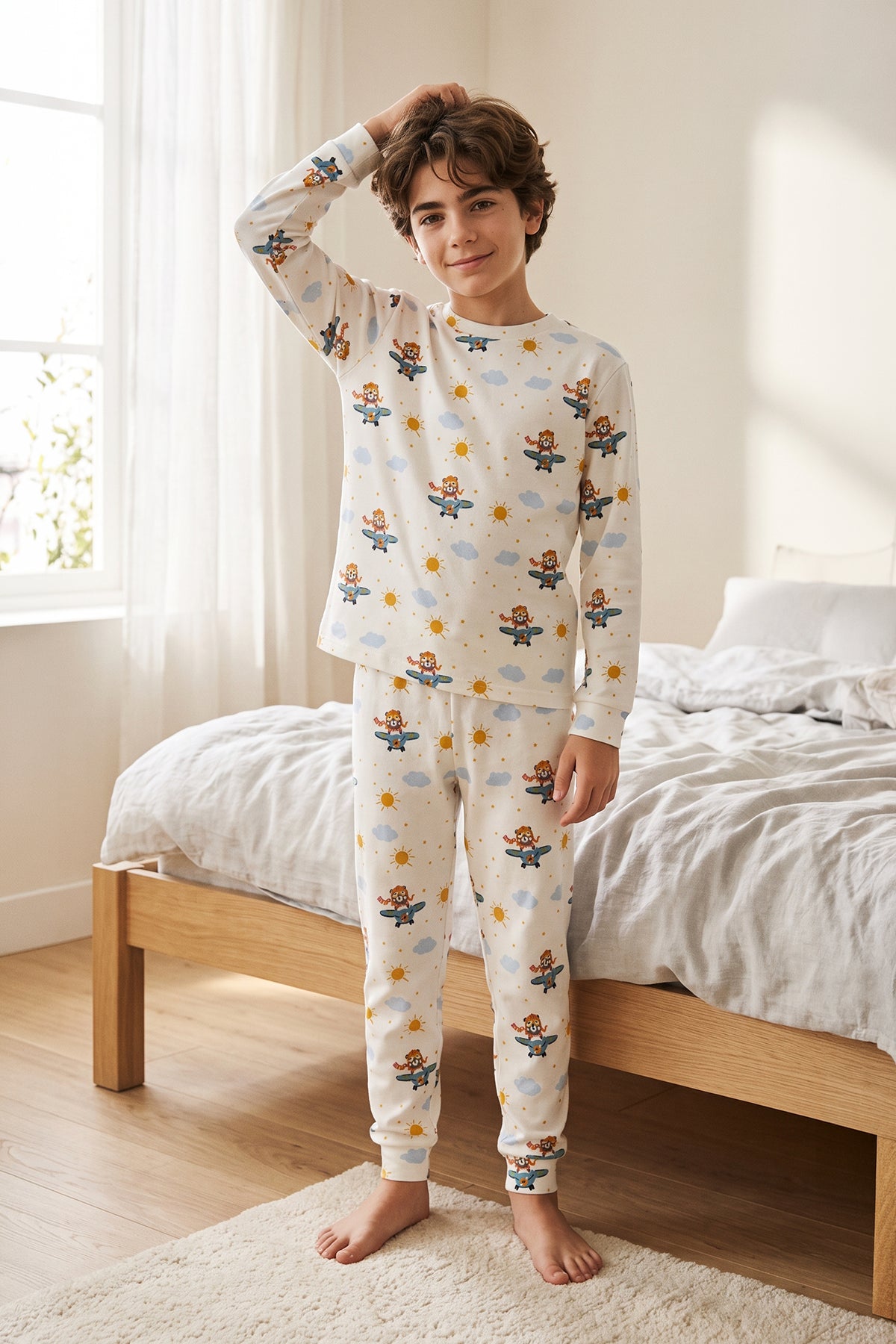 Unisex Sevimli Uçan Ayı Desenli Çocuk Pijama Takımı