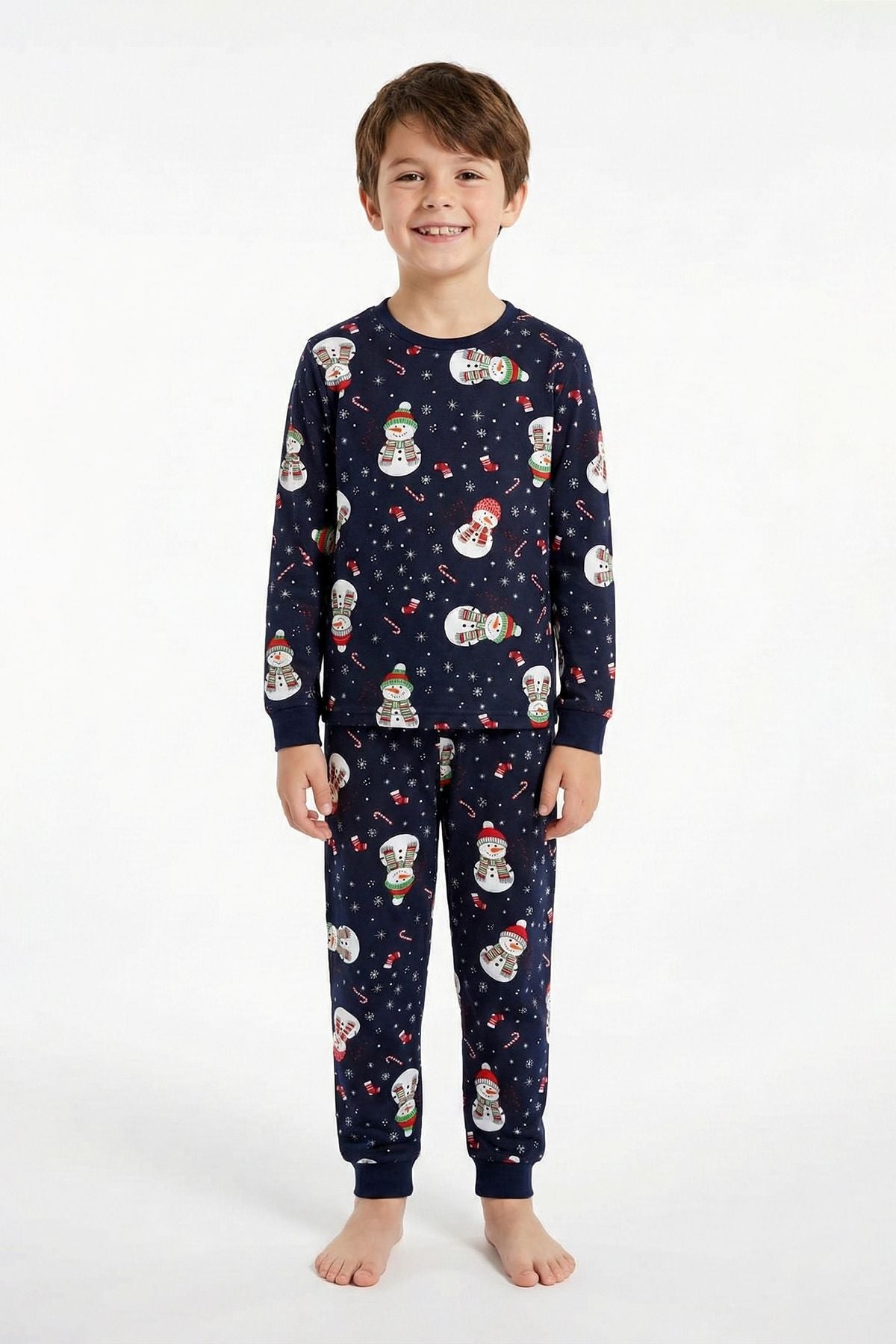 Unisex Yılbaşı Kardan Adam Desenli Çocuk Pijama Takımı