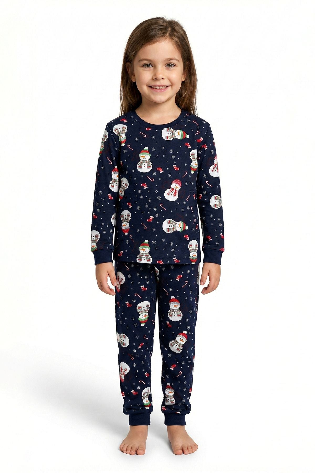 Unisex Yılbaşı Kardan Adam Desenli Çocuk Pijama Takımı