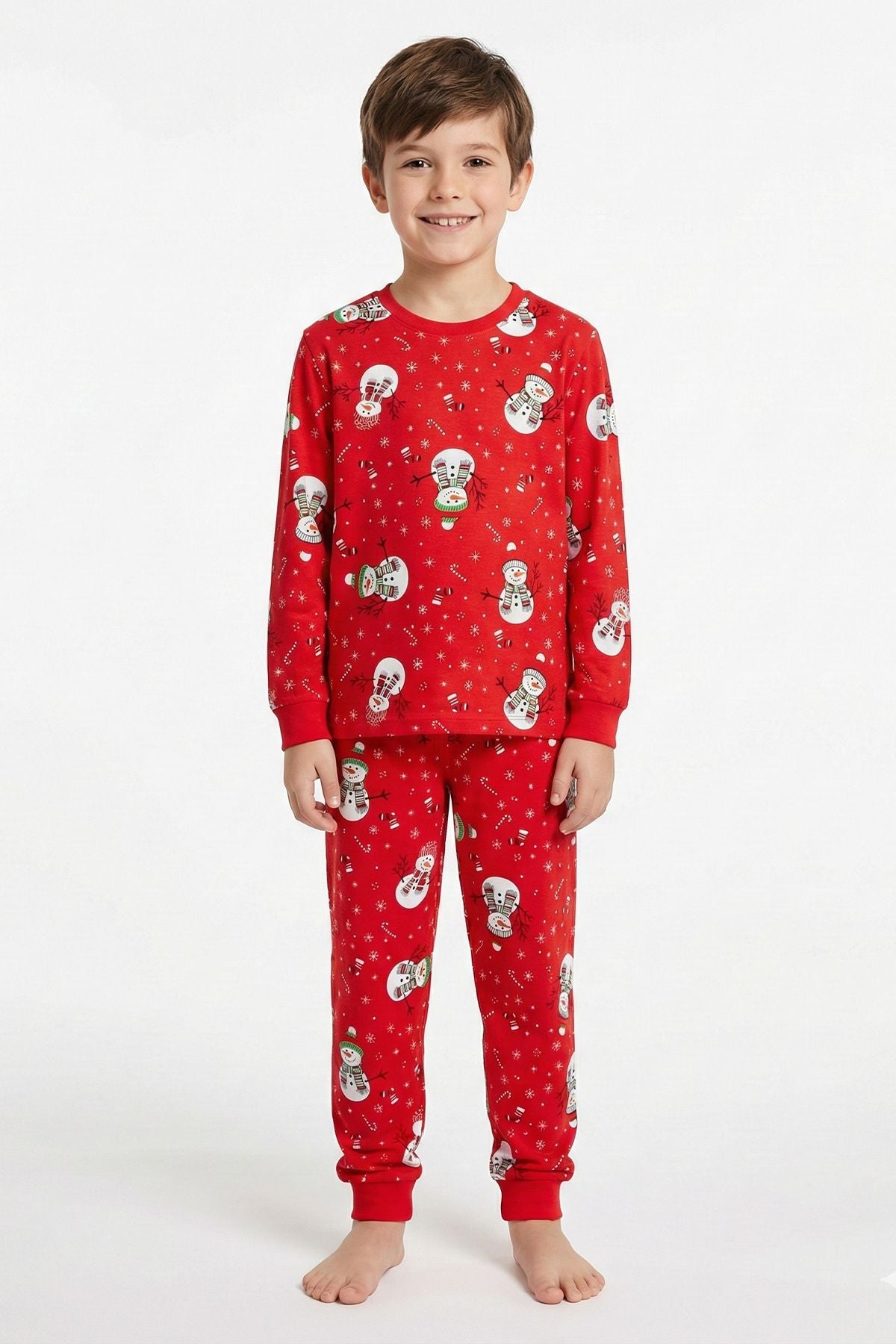 Unisex Yılbaşı Kardan Adam Desenli Çocuk Pijama Takımı