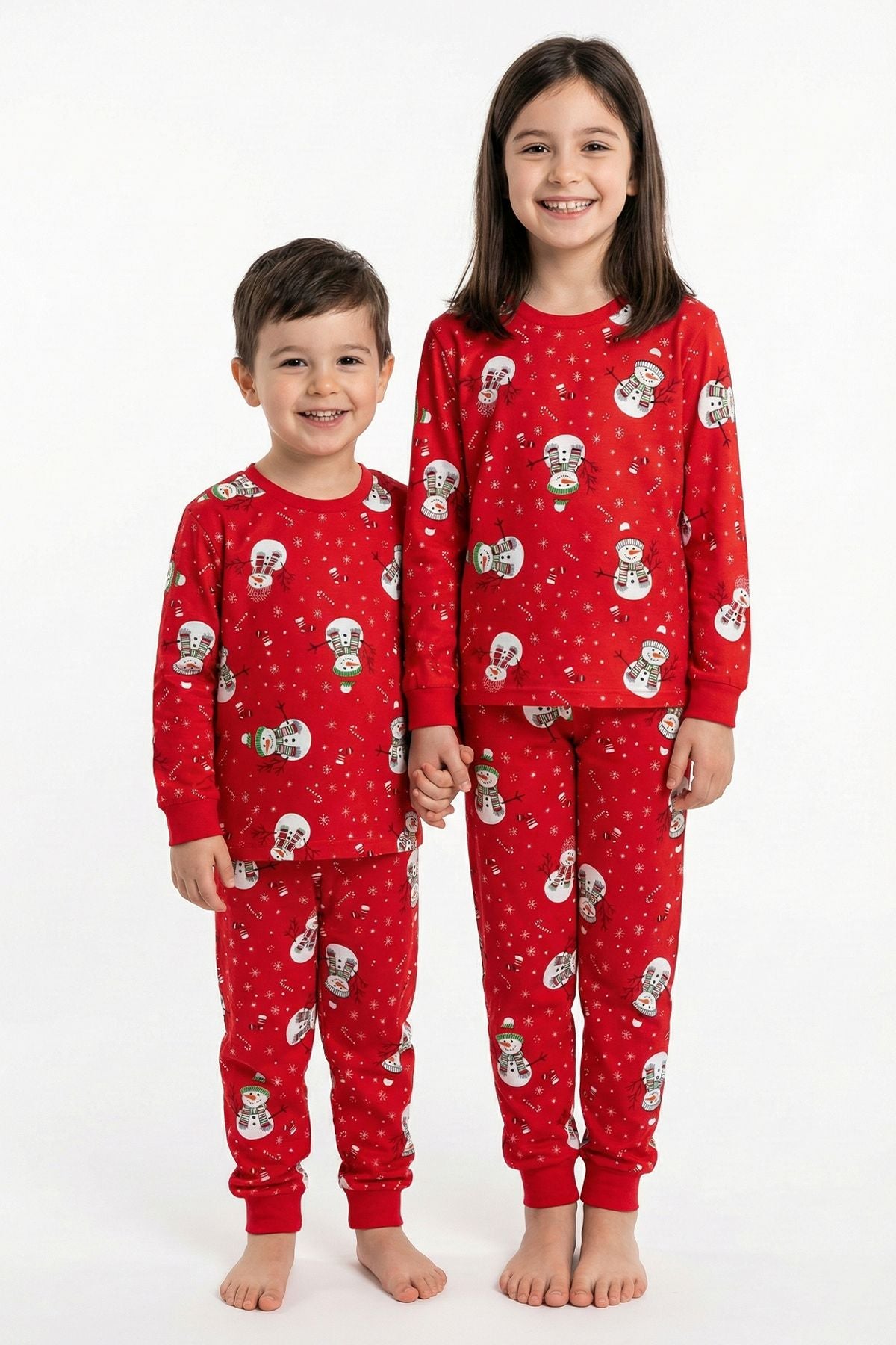 Unisex Yılbaşı Kardan Adam Desenli Çocuk Pijama Takımı