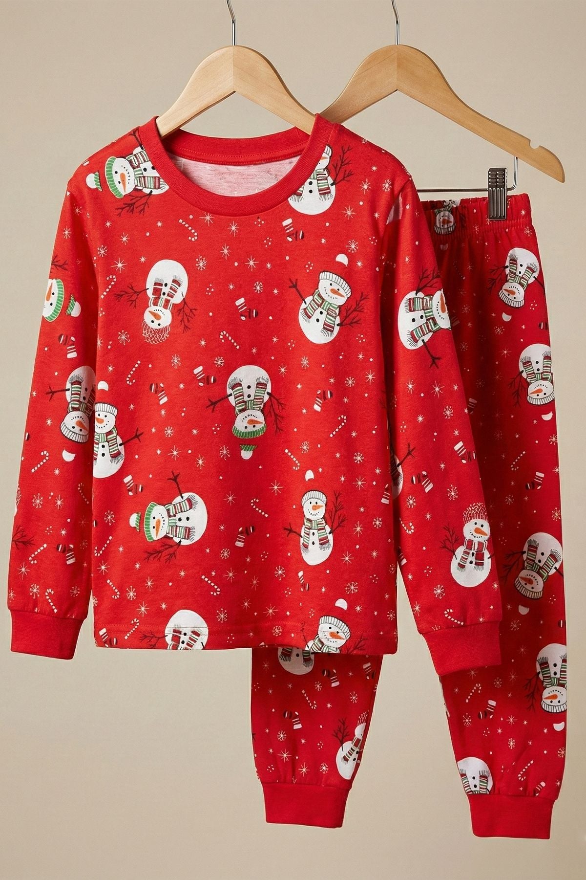 Unisex Yılbaşı Kardan Adam Desenli Çocuk Pijama Takımı