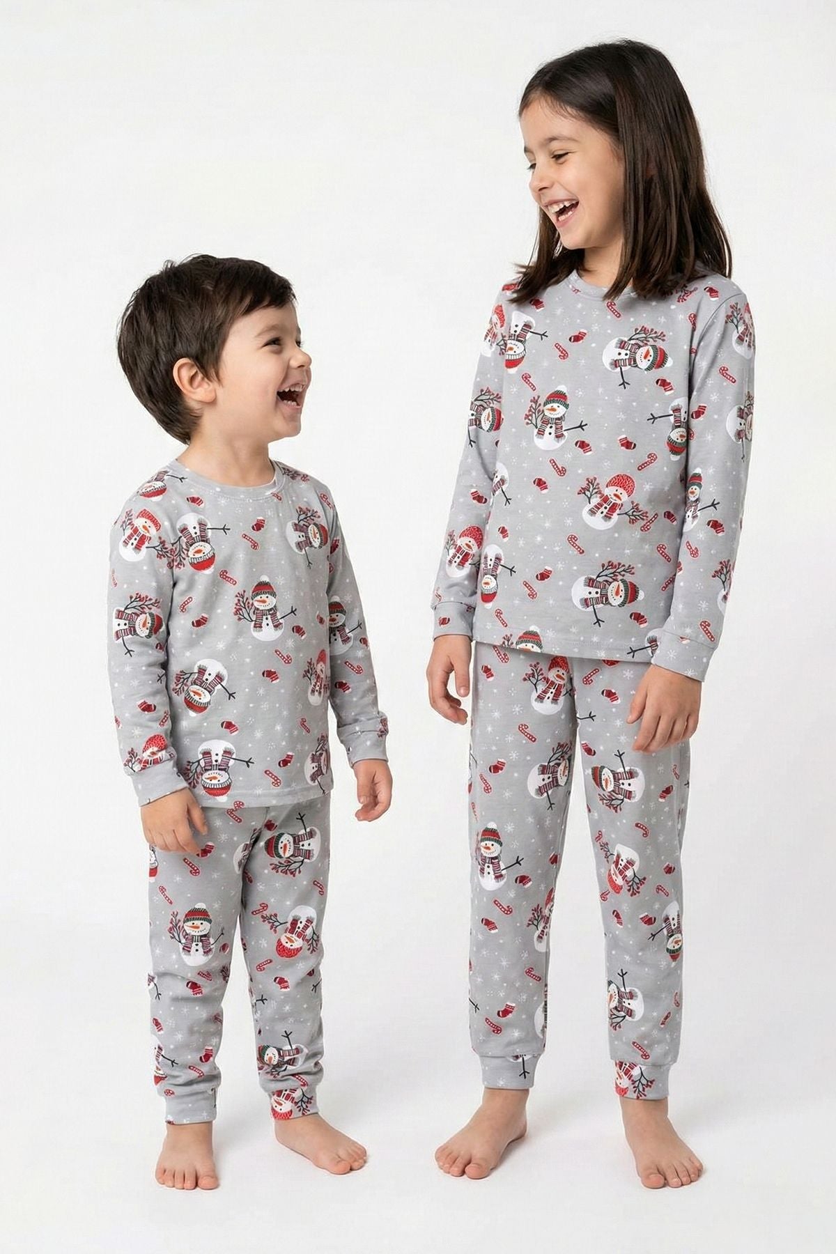 Unisex Yılbaşı Temalı Cute Kardan Adam Desenli Çocuk Pijama Takımı