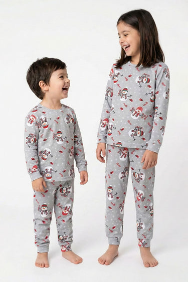 Unisex Yılbaşı Temalı Cute Kardan Adam Desenli Çocuk Pijama Takımı