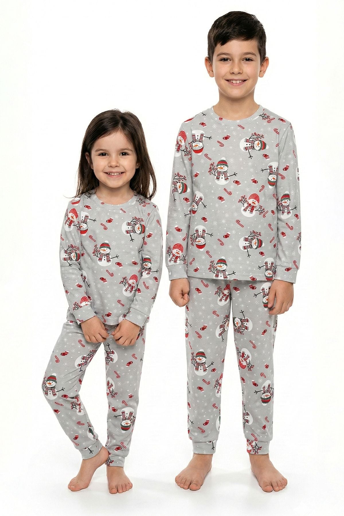 Unisex Yılbaşı Temalı Cute Kardan Adam Desenli Çocuk Pijama Takımı
