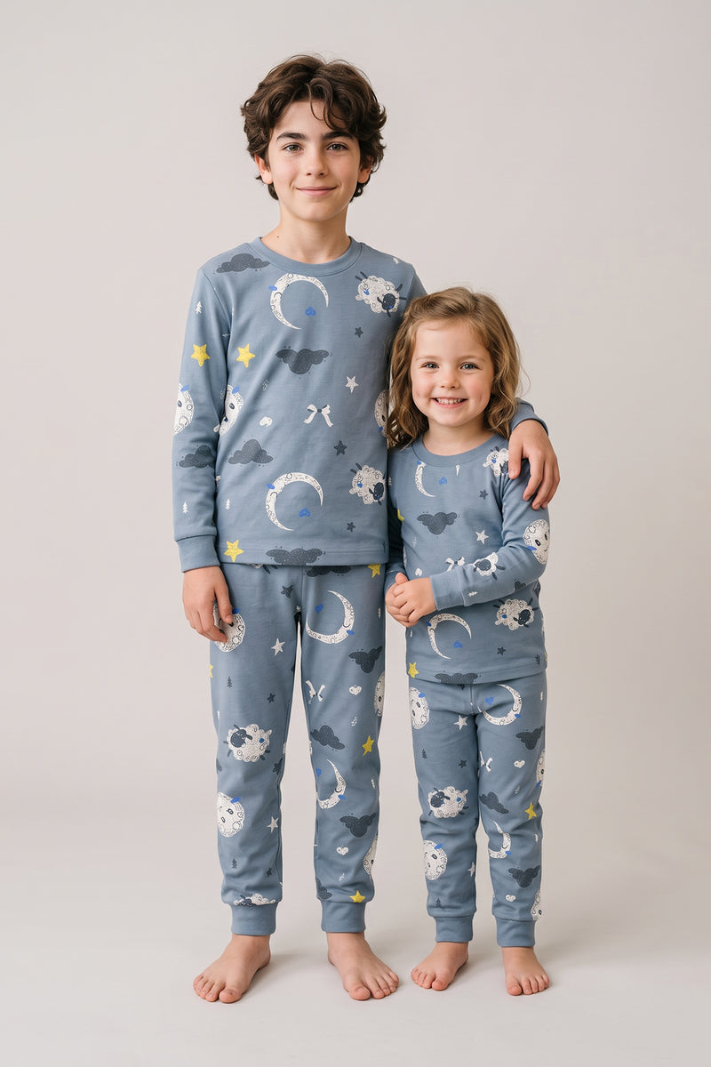 Unisex Mavi Ay ve Kuzu Desenli Uzun Kollu Pijama Takımı