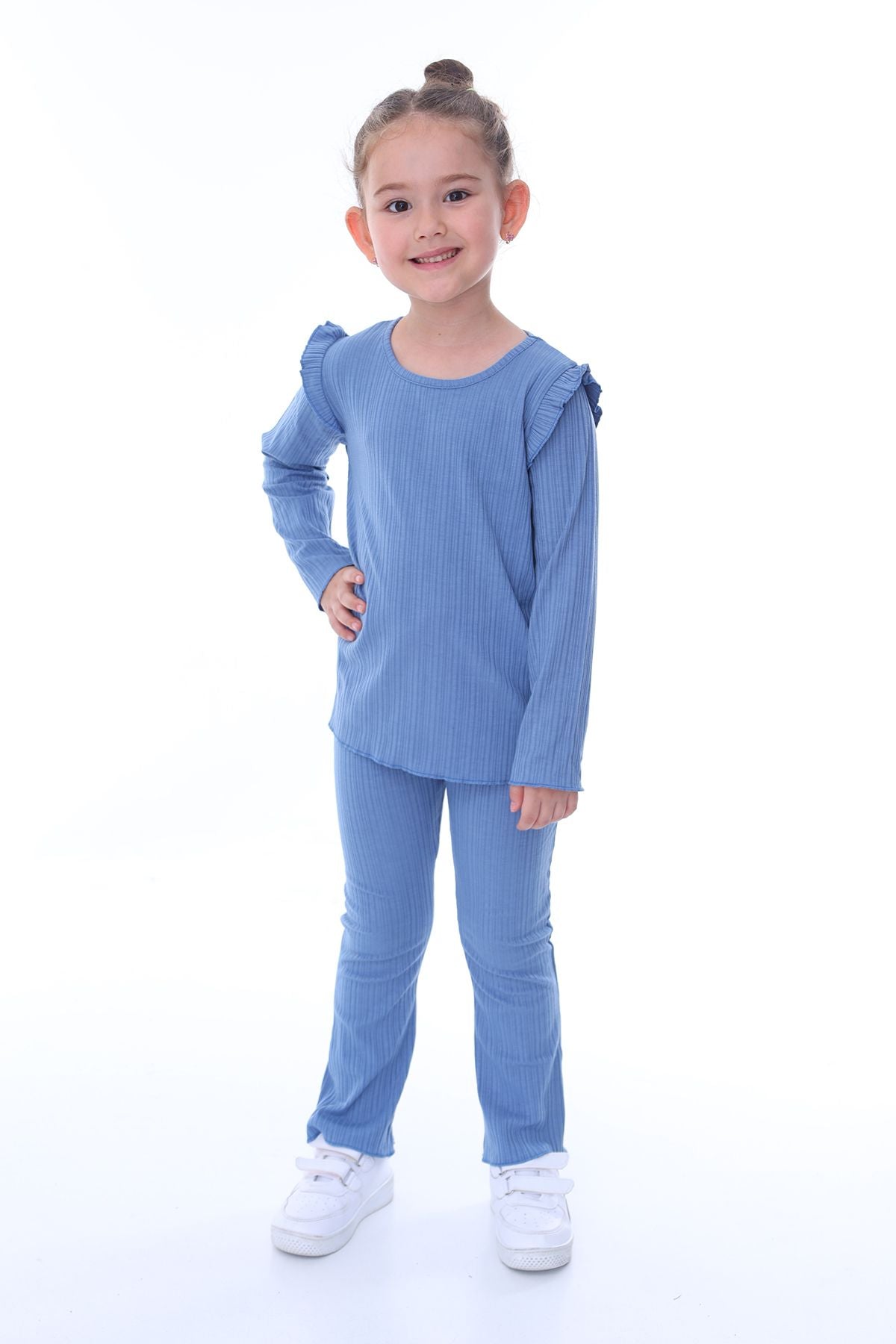 Uzun Kol Omuz Fırfırlı İspanyol Paça Pembe Kız Çocuk Takım (Alt-Üst)