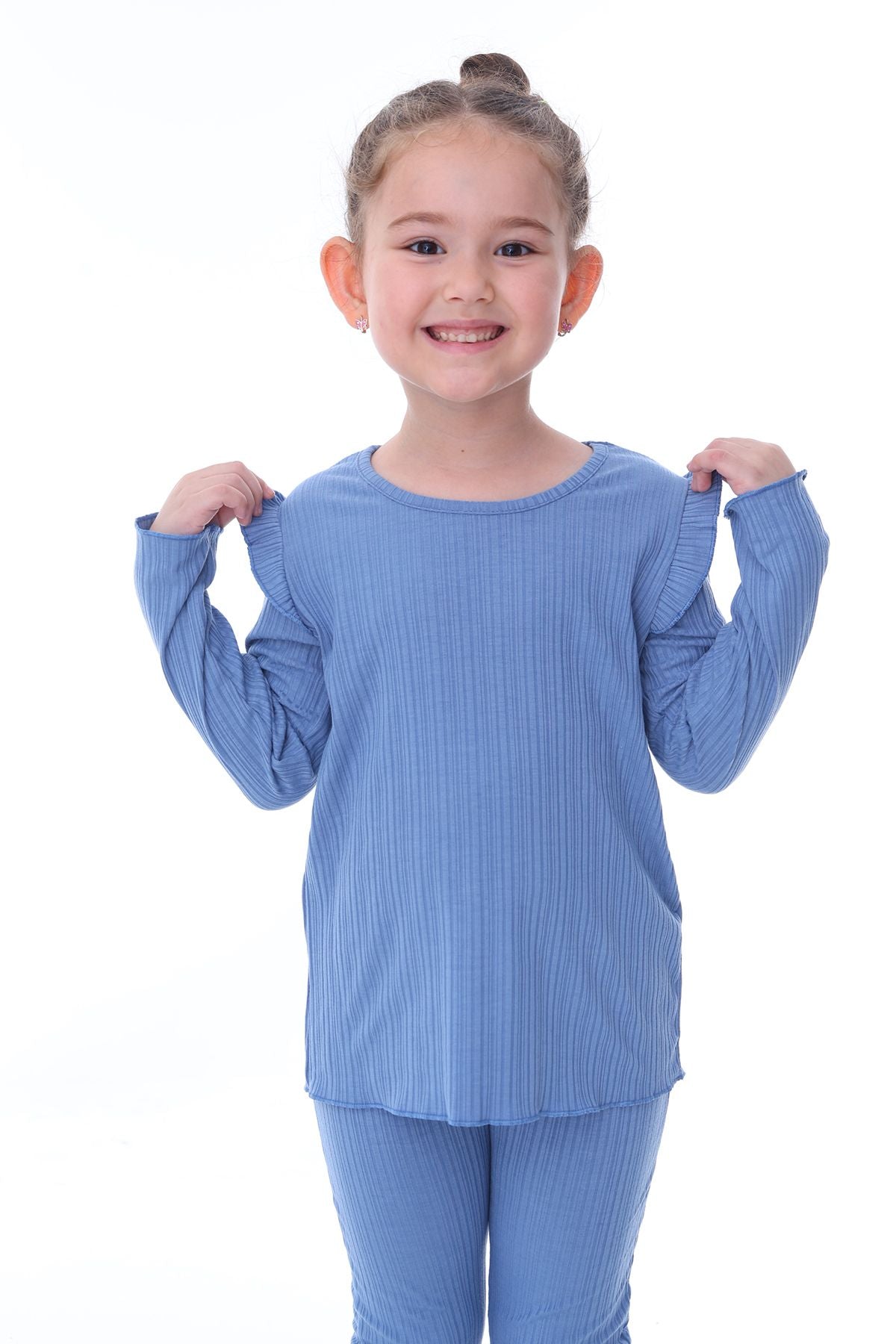 Uzun Kol Omuz Fırfırlı İspanyol Paça Pembe Kız Çocuk Takım (Alt-Üst)