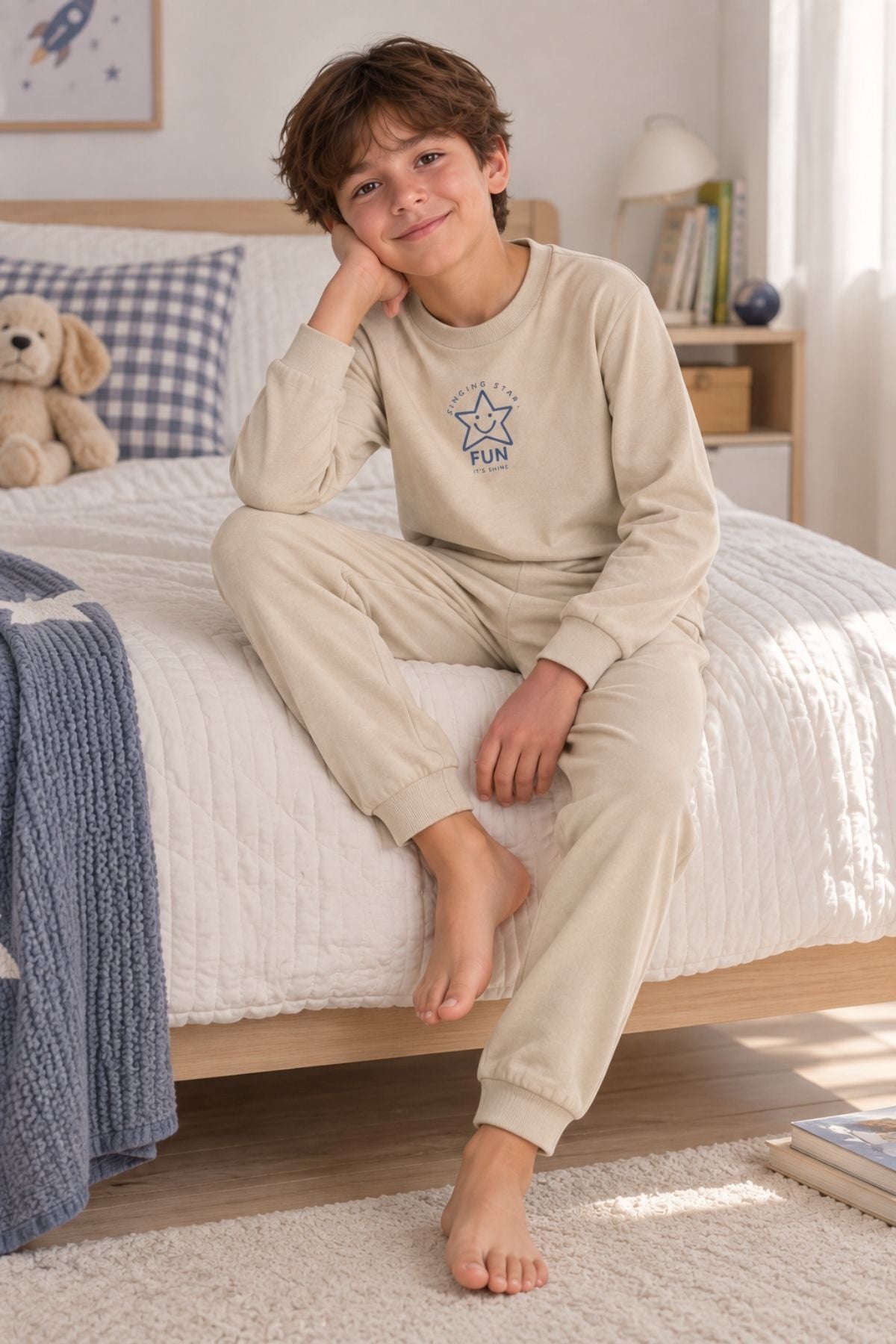 Uzun Kollu Bej Renk Yıldız Baskılı Unisex Çocuk Pijama Takımı