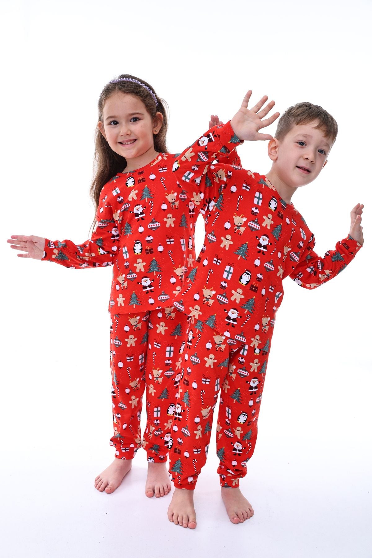 Sevimli Kardan Adam-Penguen Desenli %100 Pamuk Unisex Çocuk Pijama Takımı