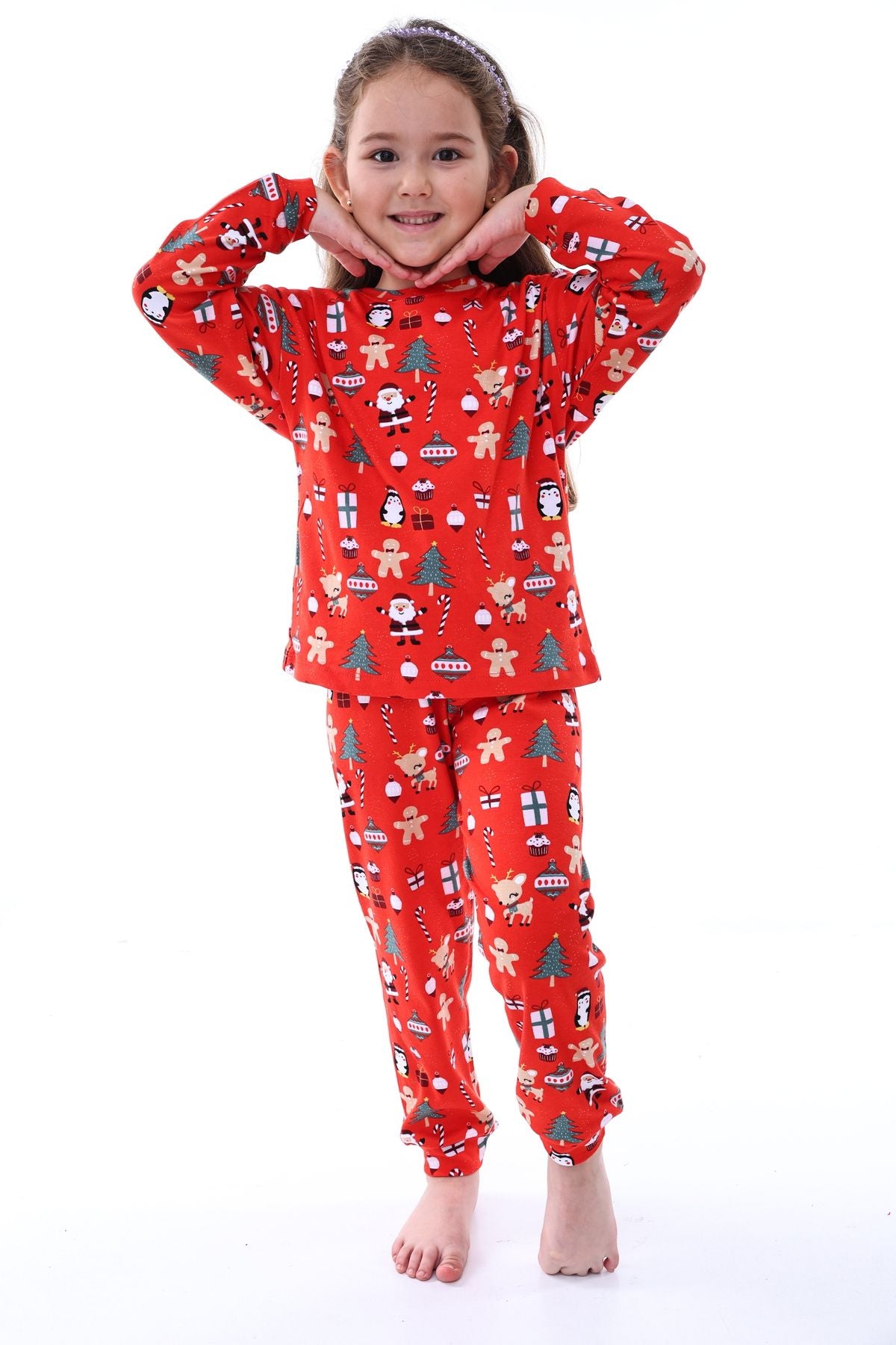Sevimli Kardan Adam-Penguen Desenli %100 Pamuk Unisex Çocuk Pijama Takımı